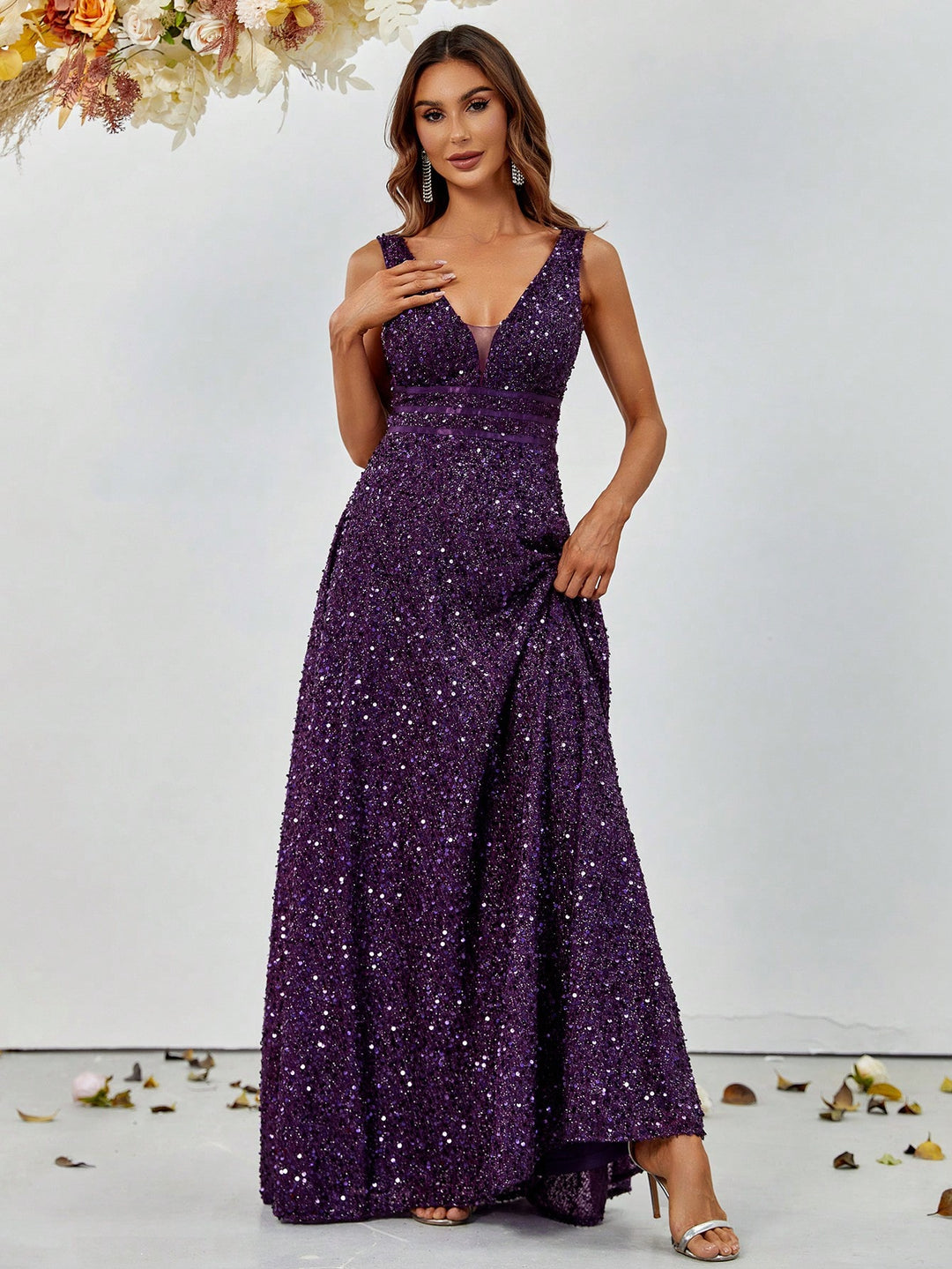 Elegant Deep V Neck Sequin A Line Prom Dresses