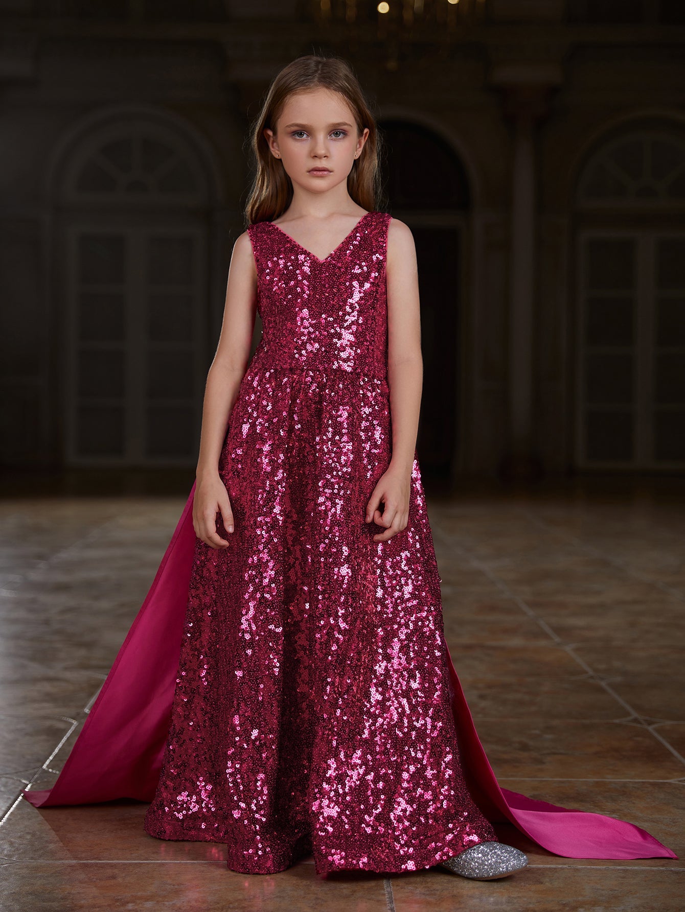 Girl's Bow Back Sleeveless Contrast Satin Sequin Party Dress