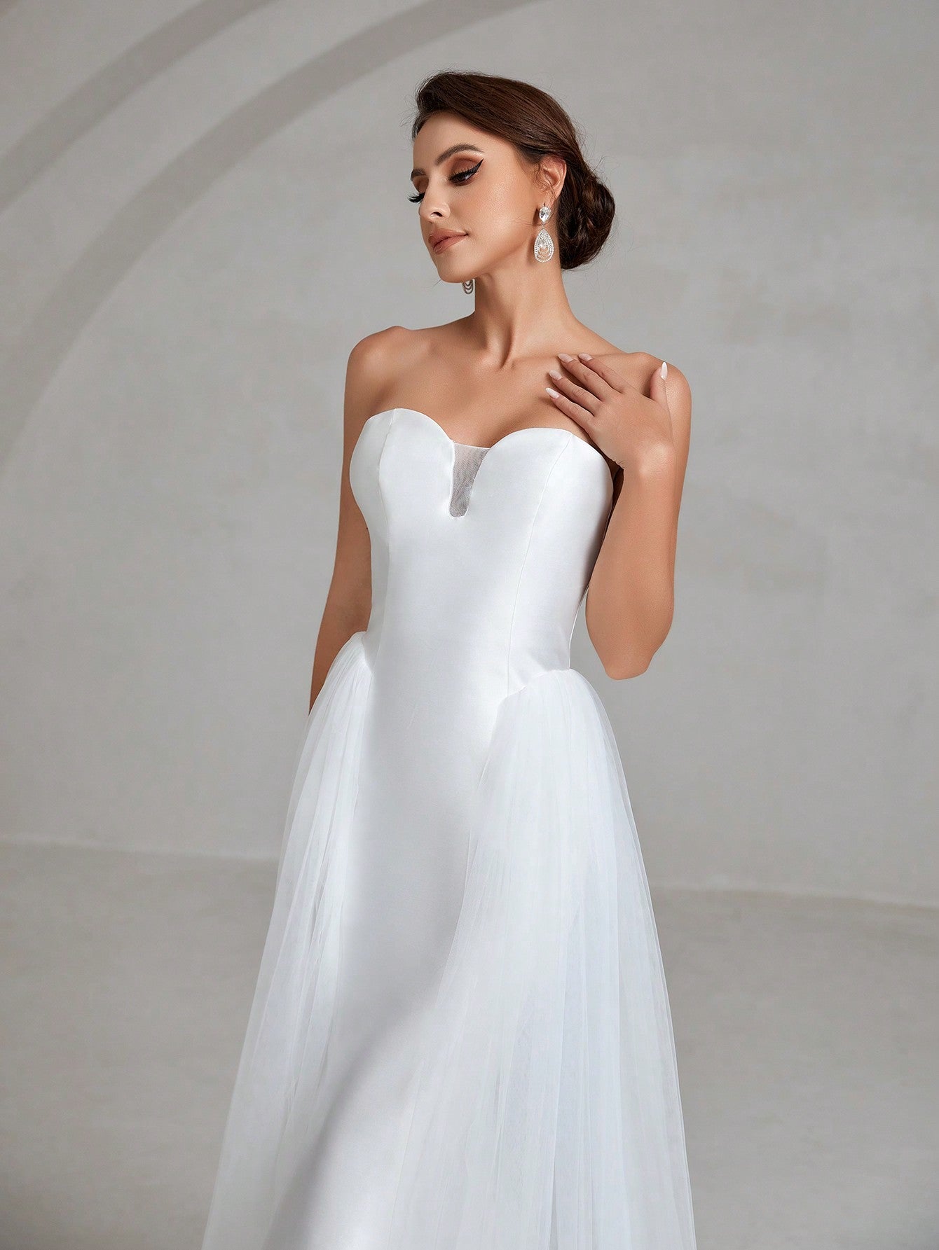 Mesh Overlay Satin Tube Wedding Dress