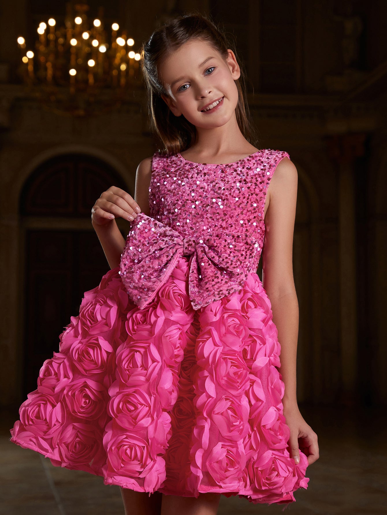 Girl's Cute Applique Contrast Sequin Party Dress