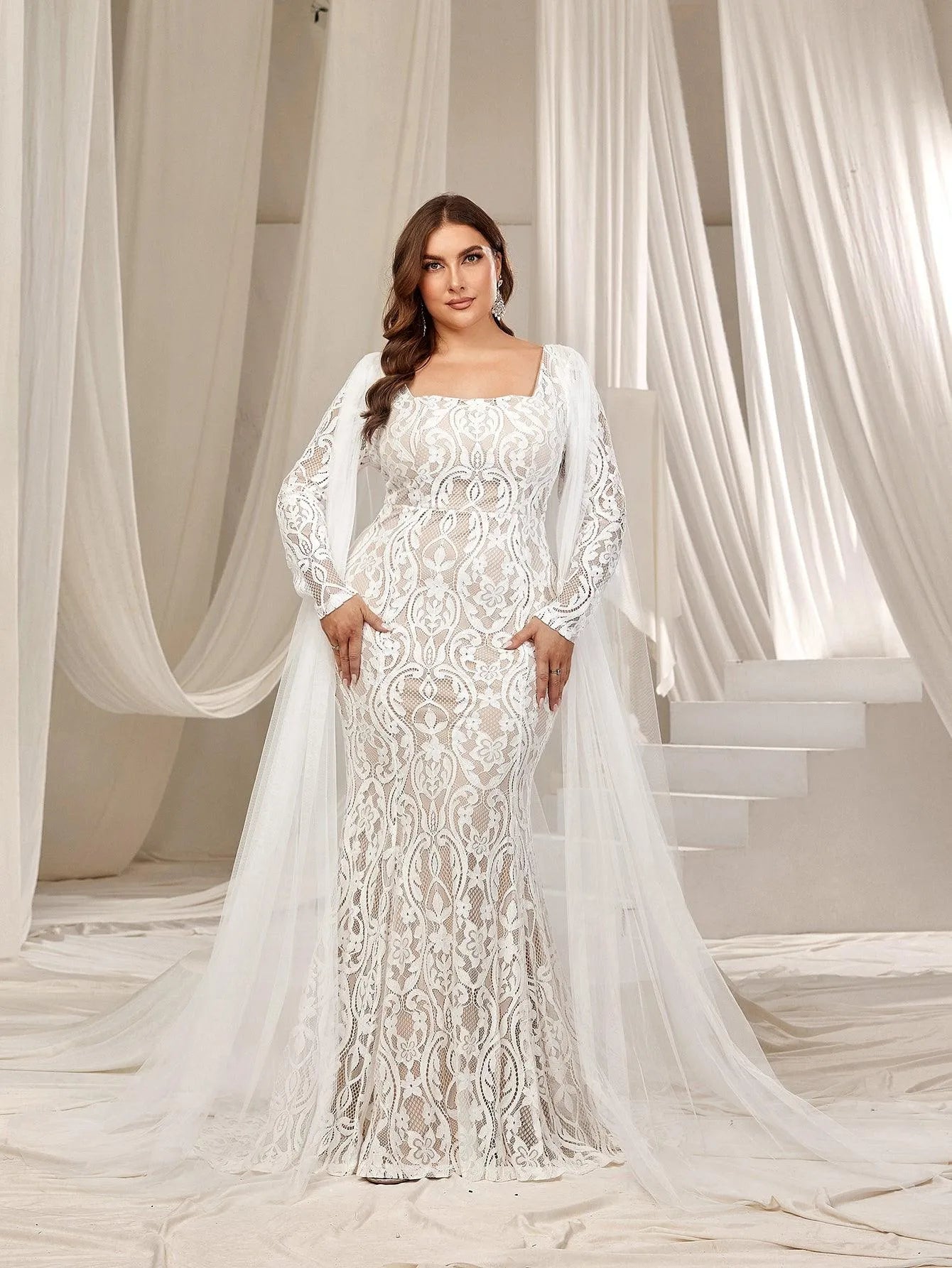 Plus Square Neck Mermaid Hem Lace Wedding Dress