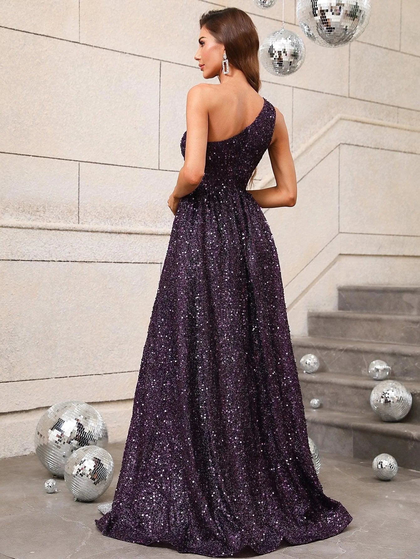 Elegant One Shoulder Sleeveless Sequin A Line Dresses