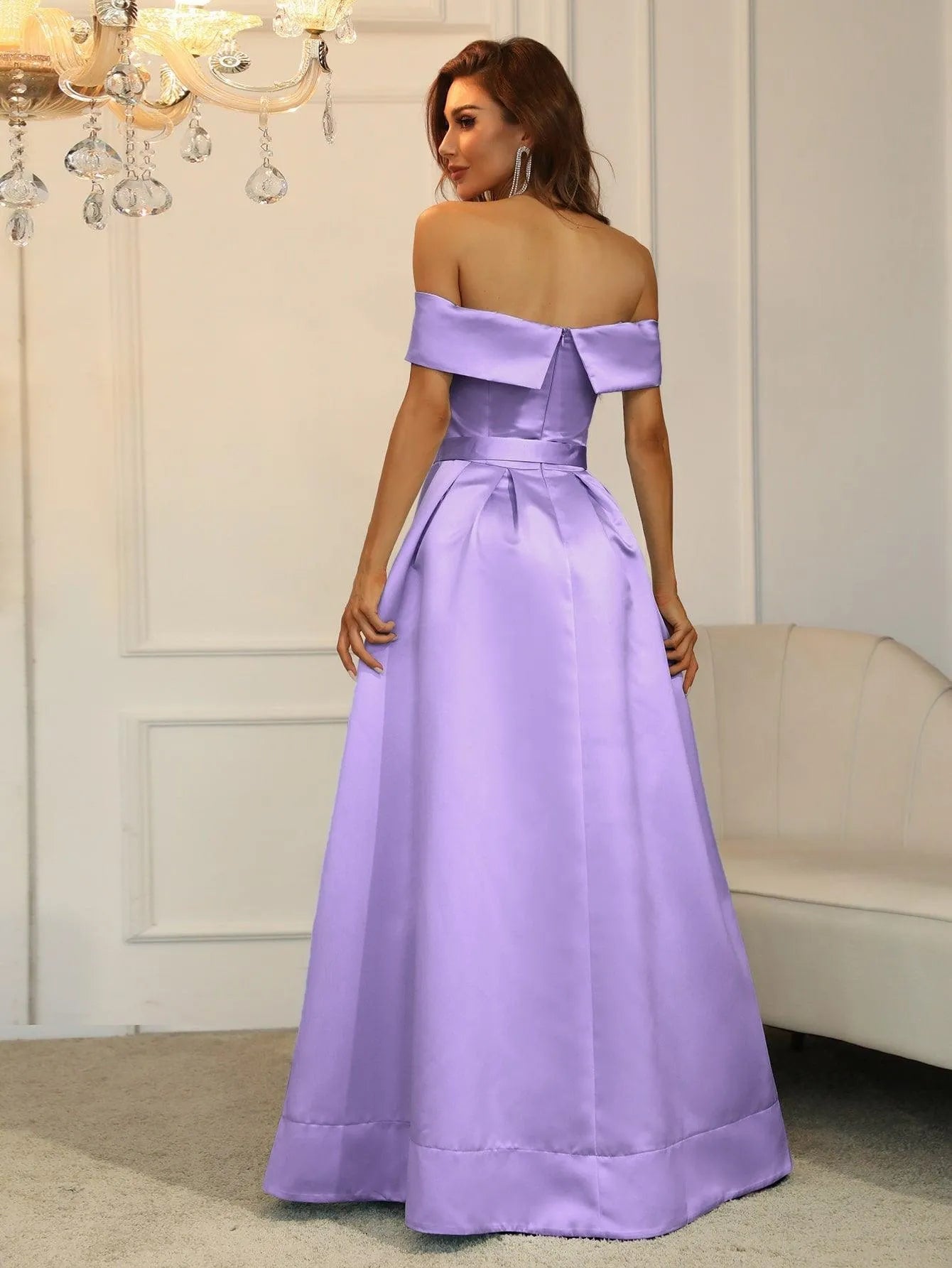 Off Shoulder Buckle Belted Satin Ball Gown