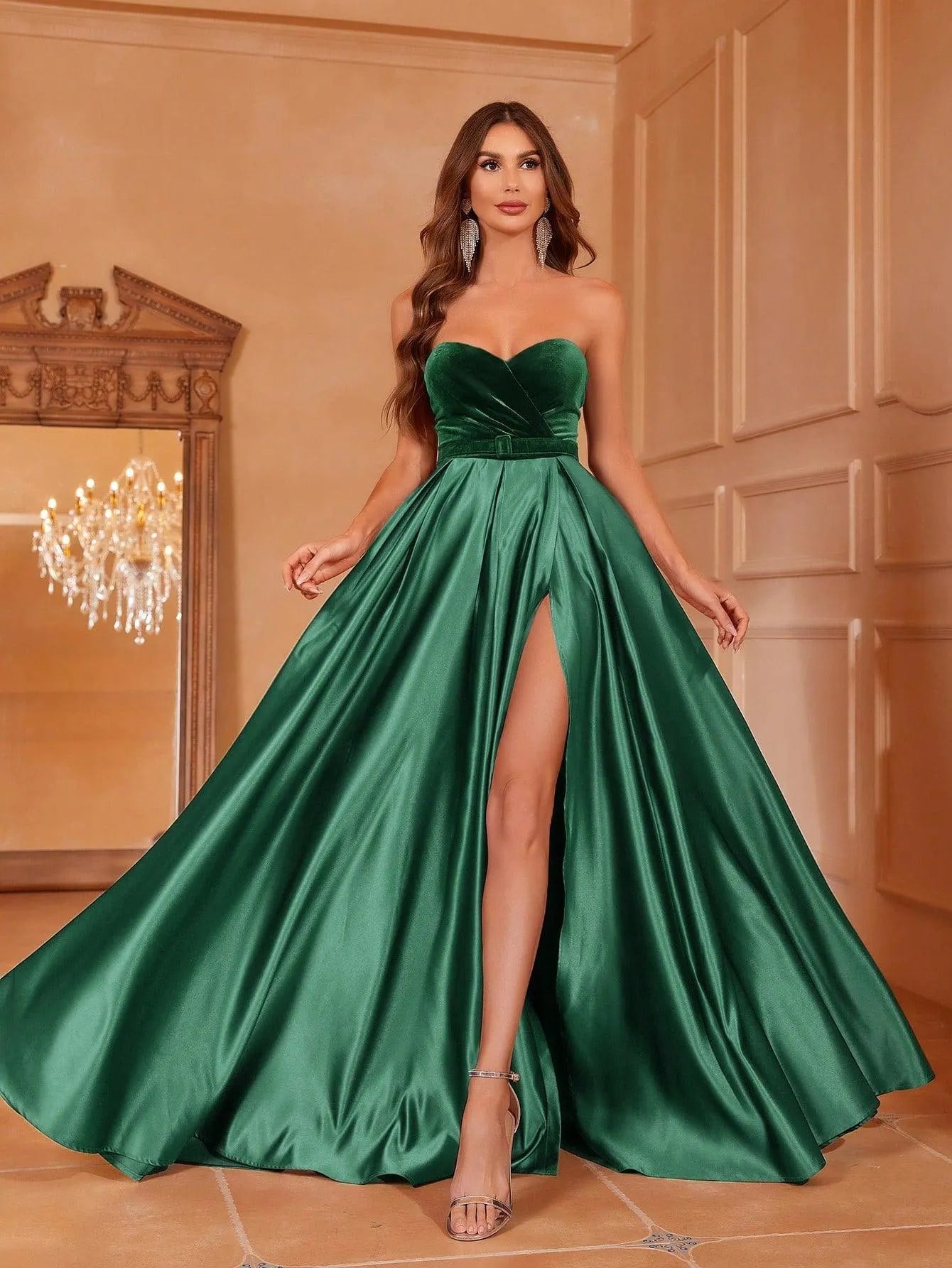 Velvet Bodice Contrast Satin Hem Tube Prom Dress