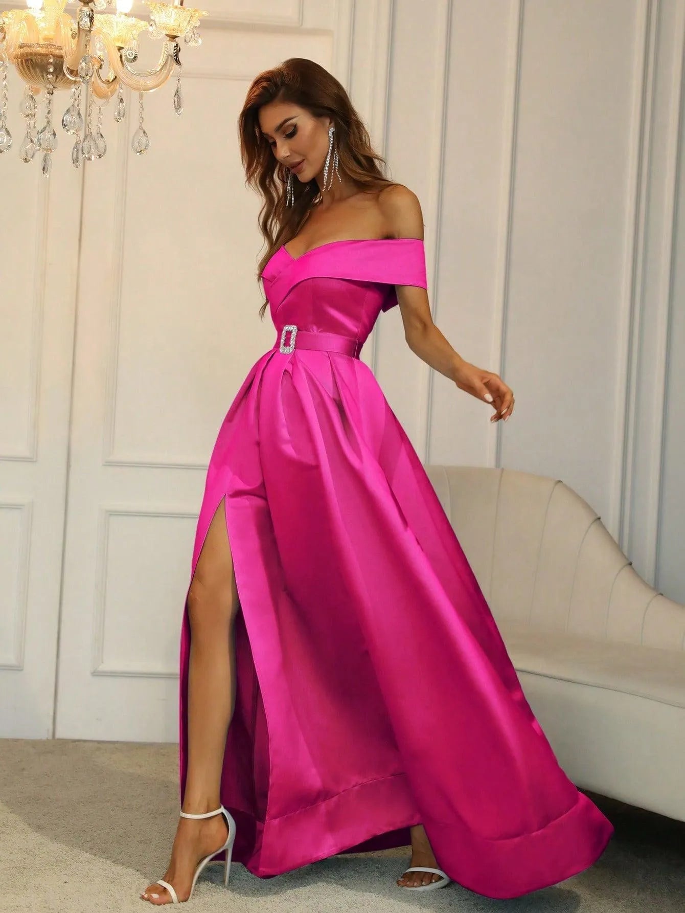 Off Shoulder Buckle Belted Satin Ball Gown