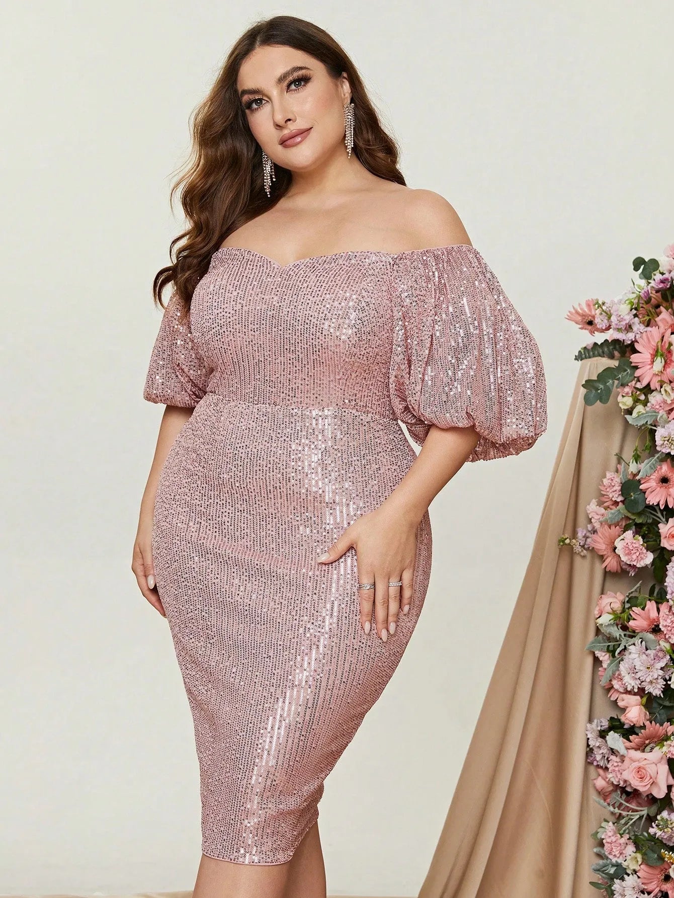 Plus Off Shoulder Puff Sleeves Sequin Midi Dress