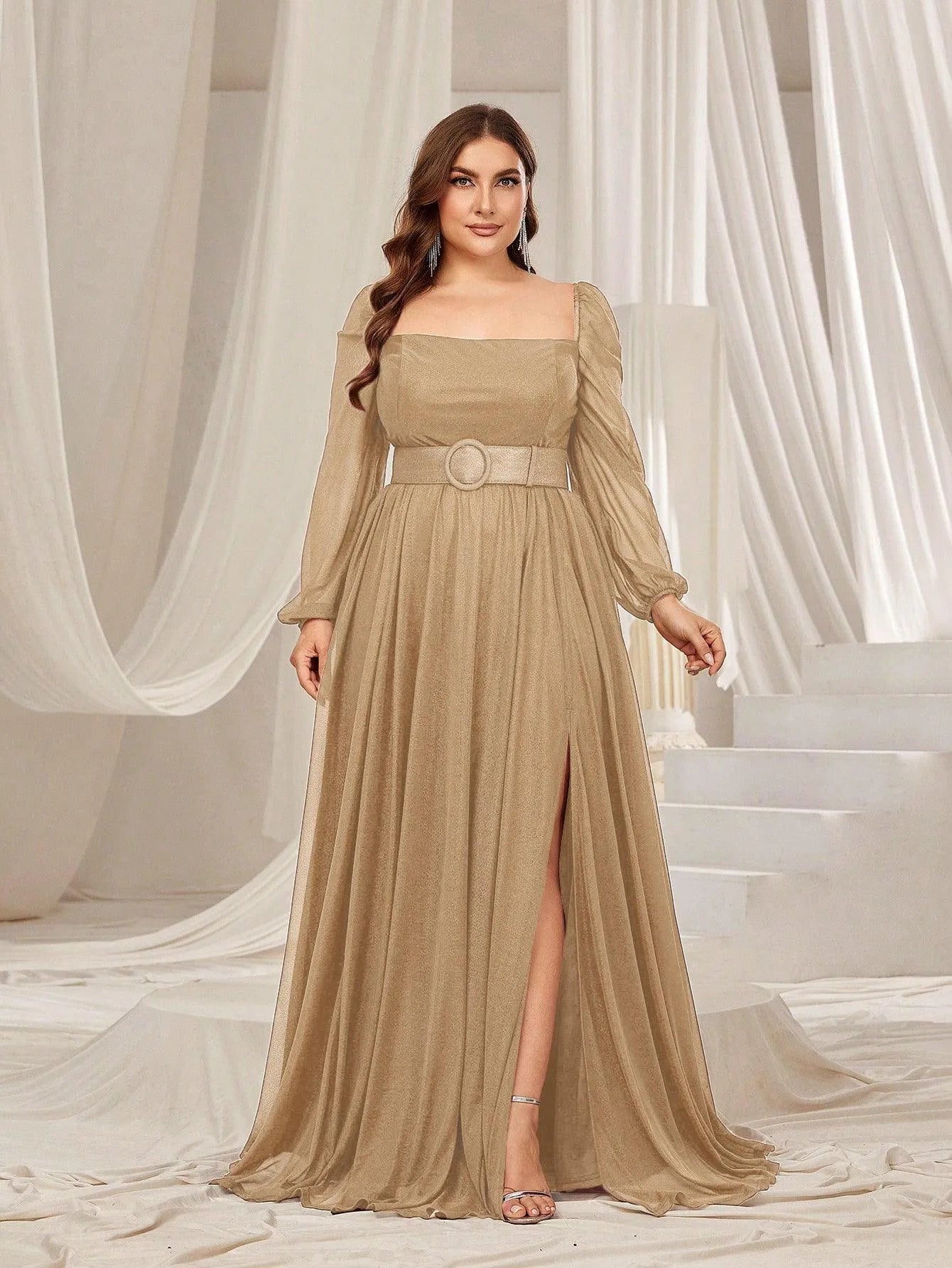 Plus Square Neck Lantern Sleeves Split Thigh Evening Dress