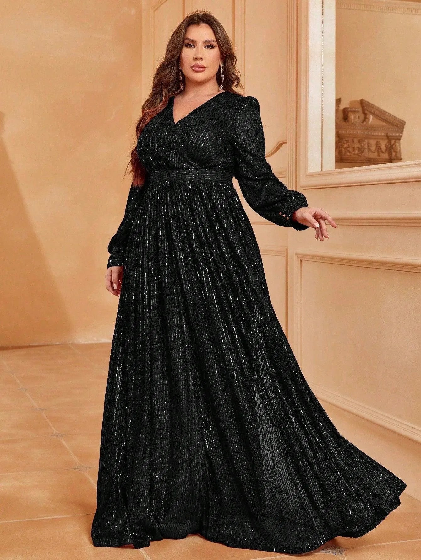 Plus V Neck Lantern Sleeve Sequin A Line Dresses