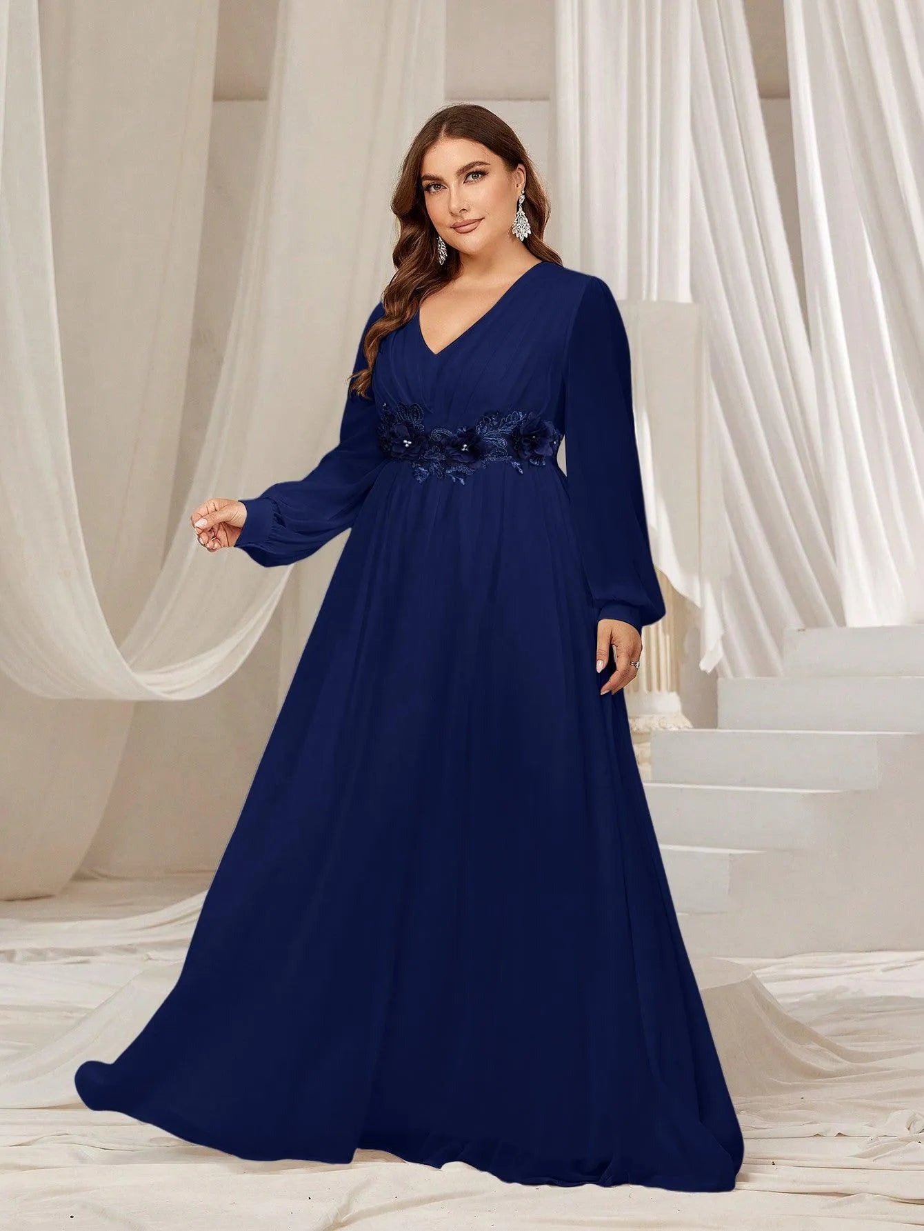 Plus Floral Applique Lantern Sleeves Chiffon Formal Dress