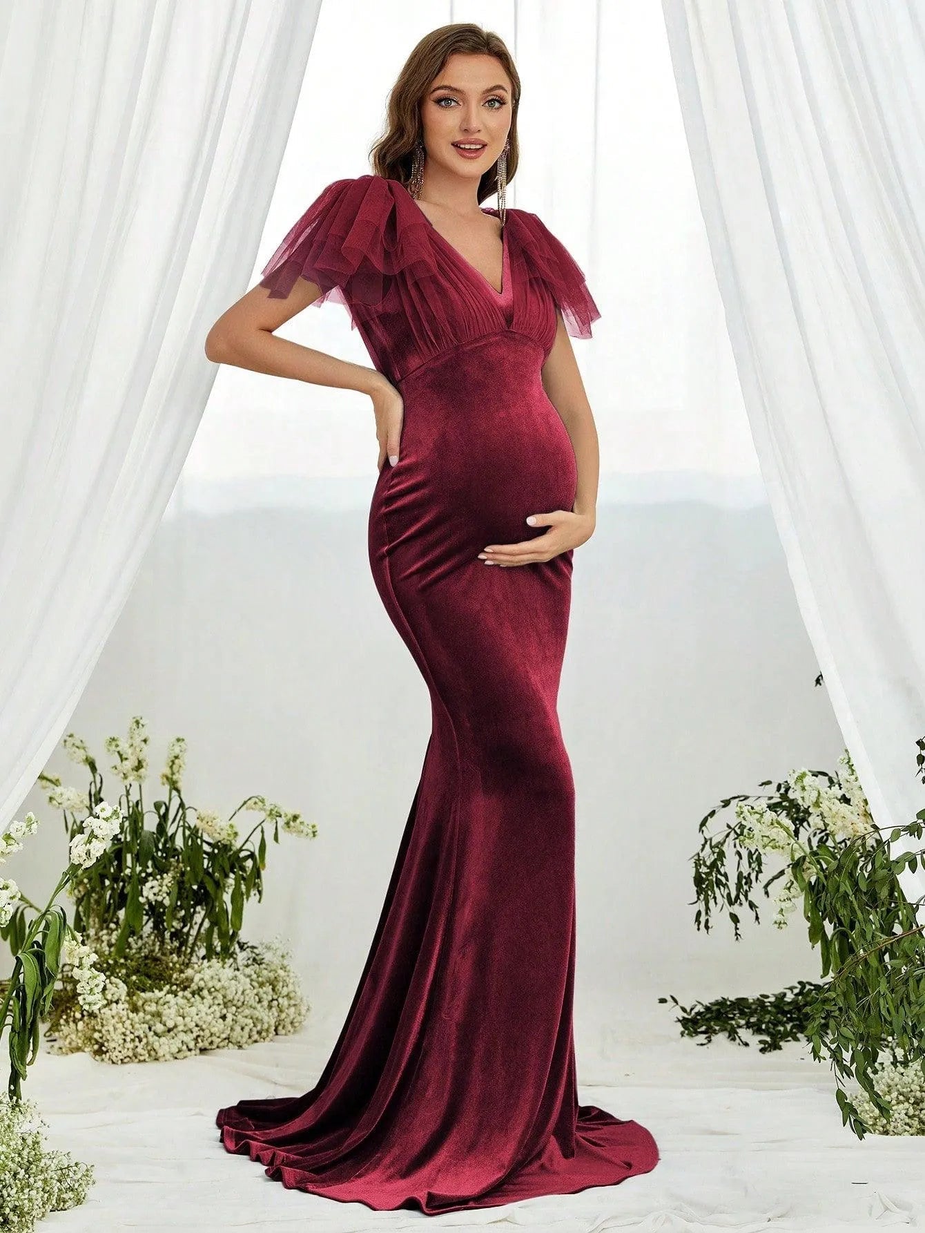 Maternity Contrast Mesh Mermaid Hem Velvet Dress