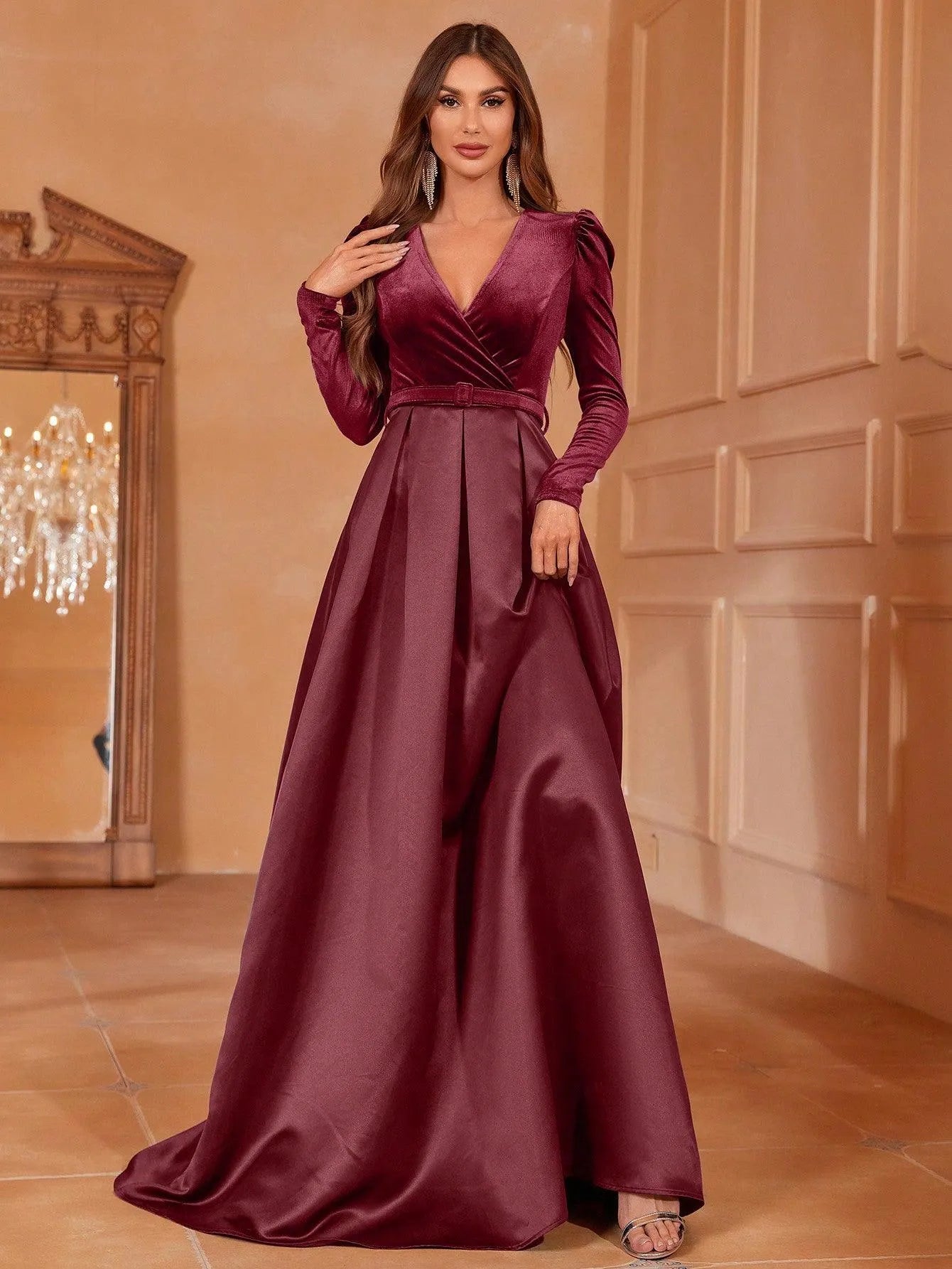 Surplice Neck Long Sleeves Belted Satin A Line Dress