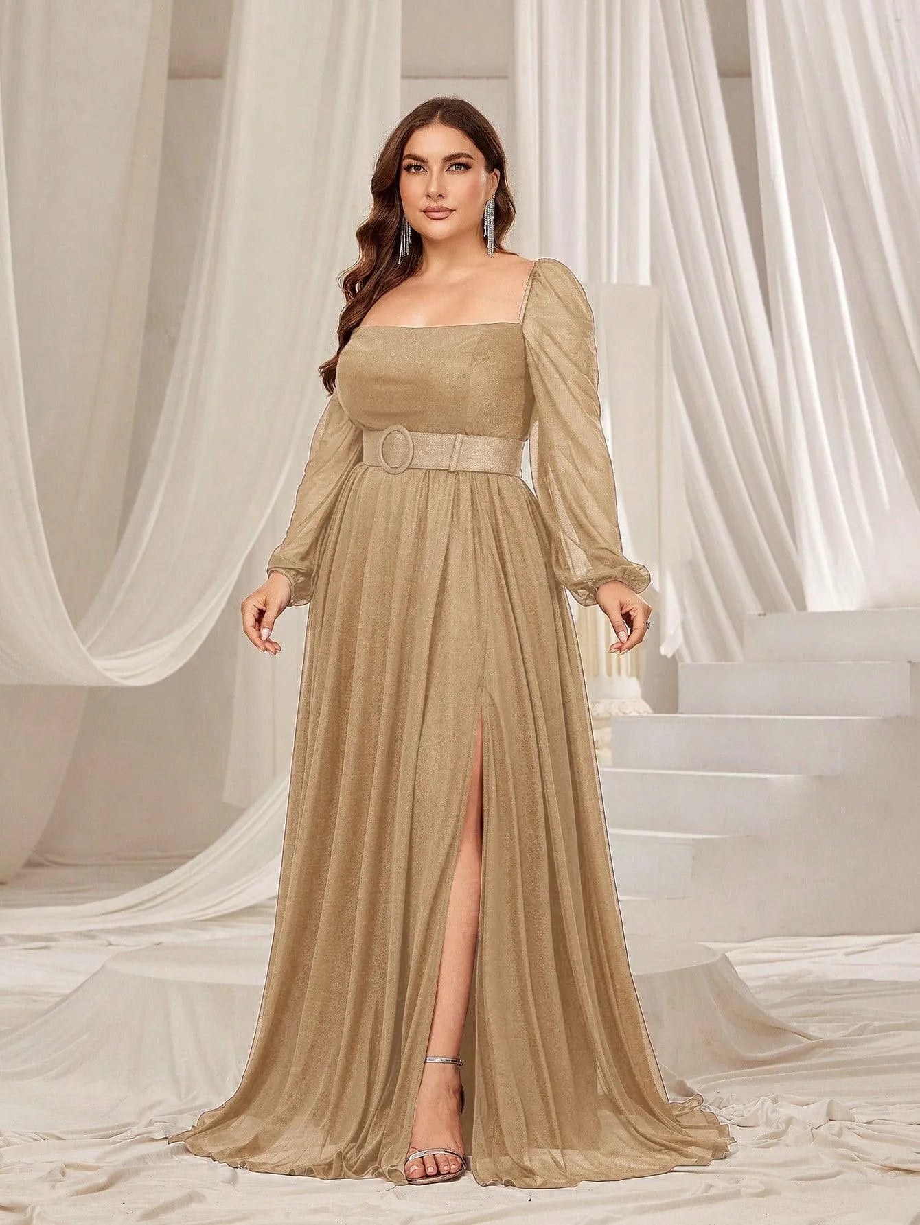 Plus Square Neck Lantern Sleeves Split Thigh Evening Dress