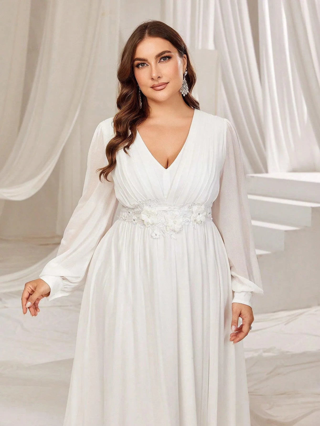 Plus Floral Applique Lantern Sleeves Chiffon Formal Dress