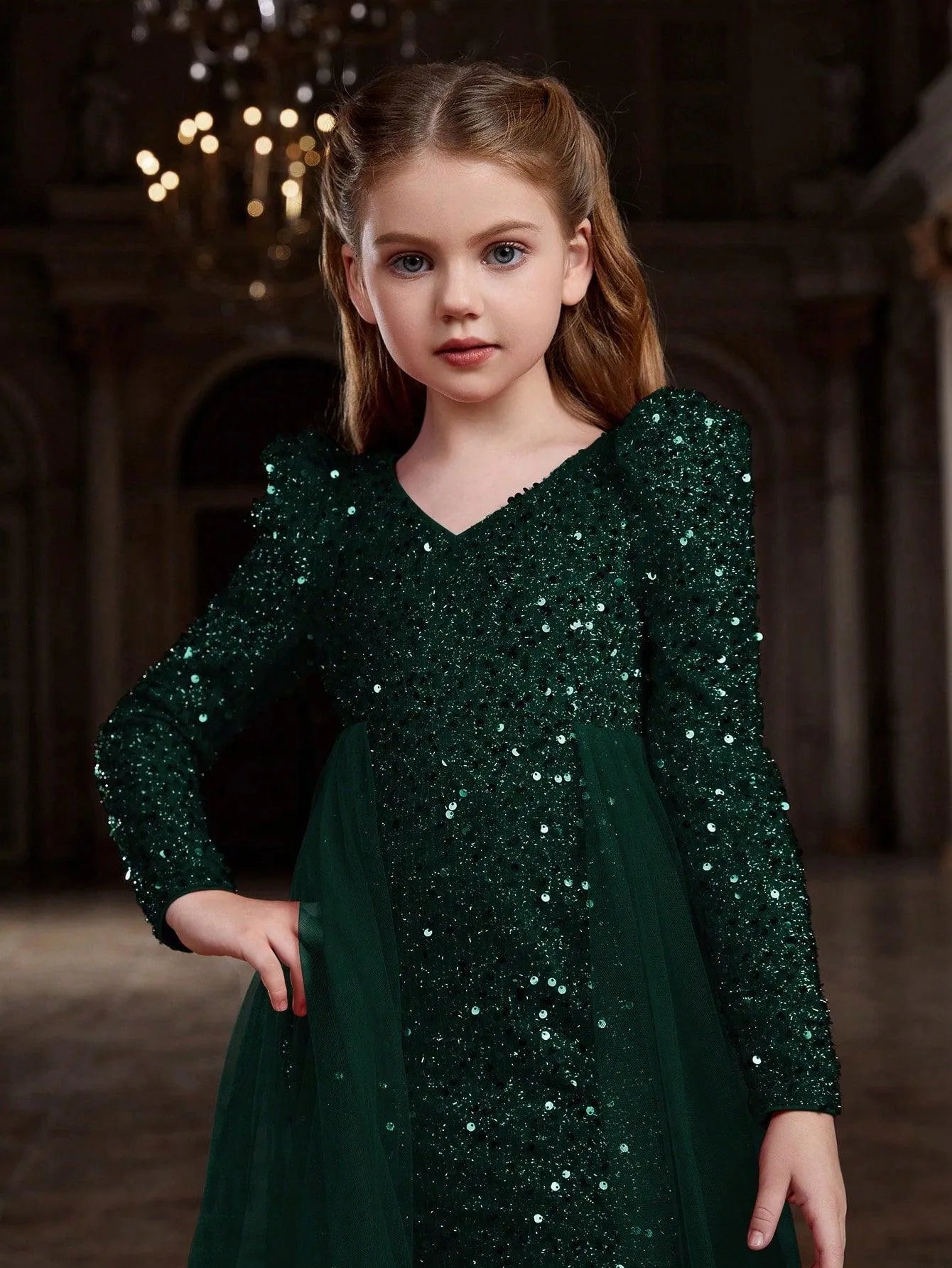 Tween Girls' Long Sleeves Mesh Overlay Sequin Mermaid Dress