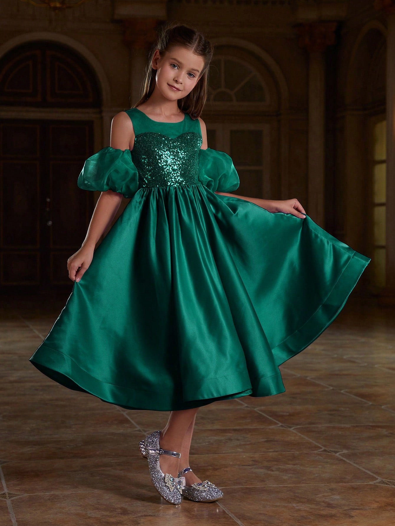 Girl's Puff Sleeve Sequin Contrast Satin Dress