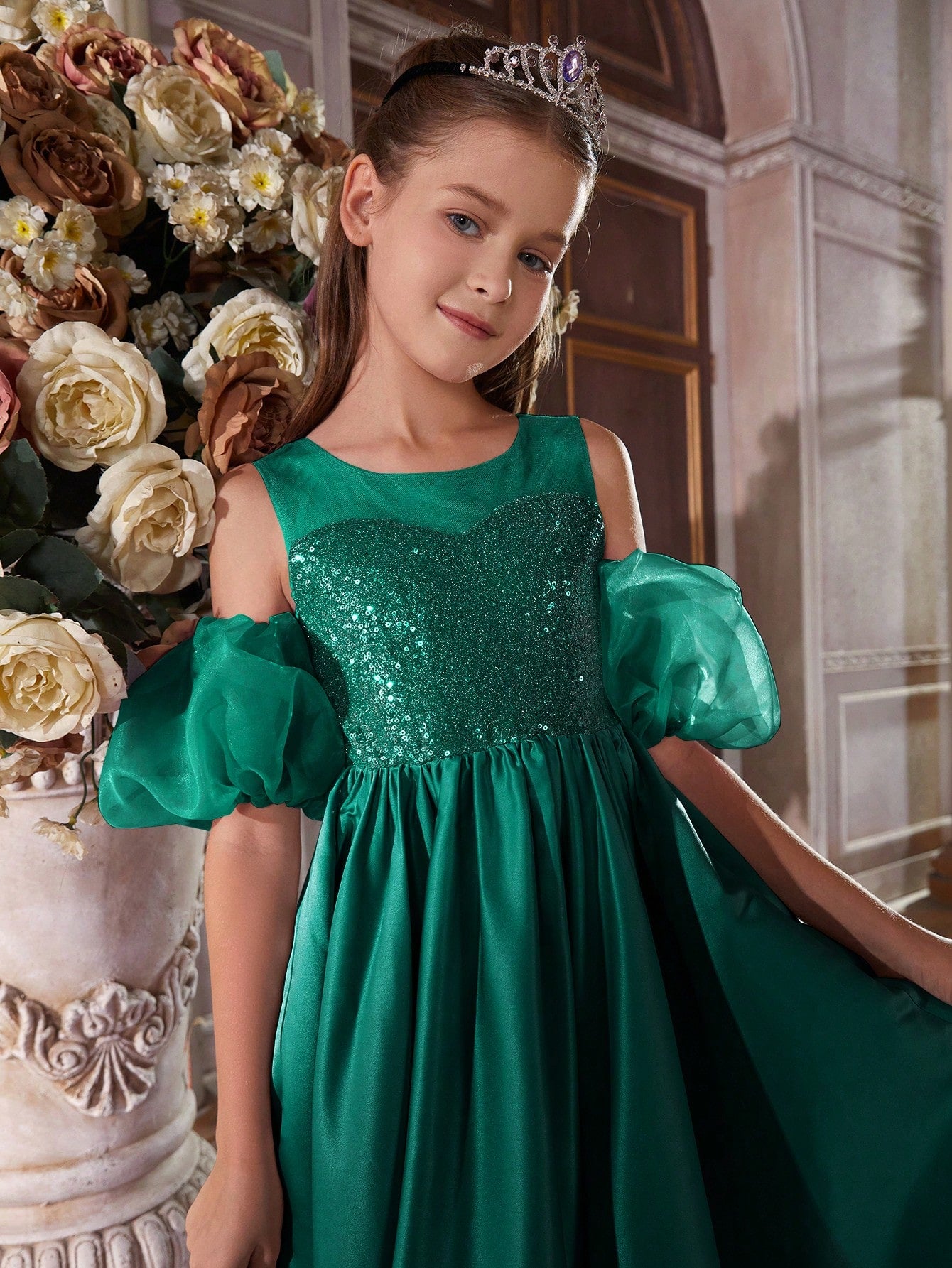 Girl's Puff Sleeve Sequin Contrast Satin Dress