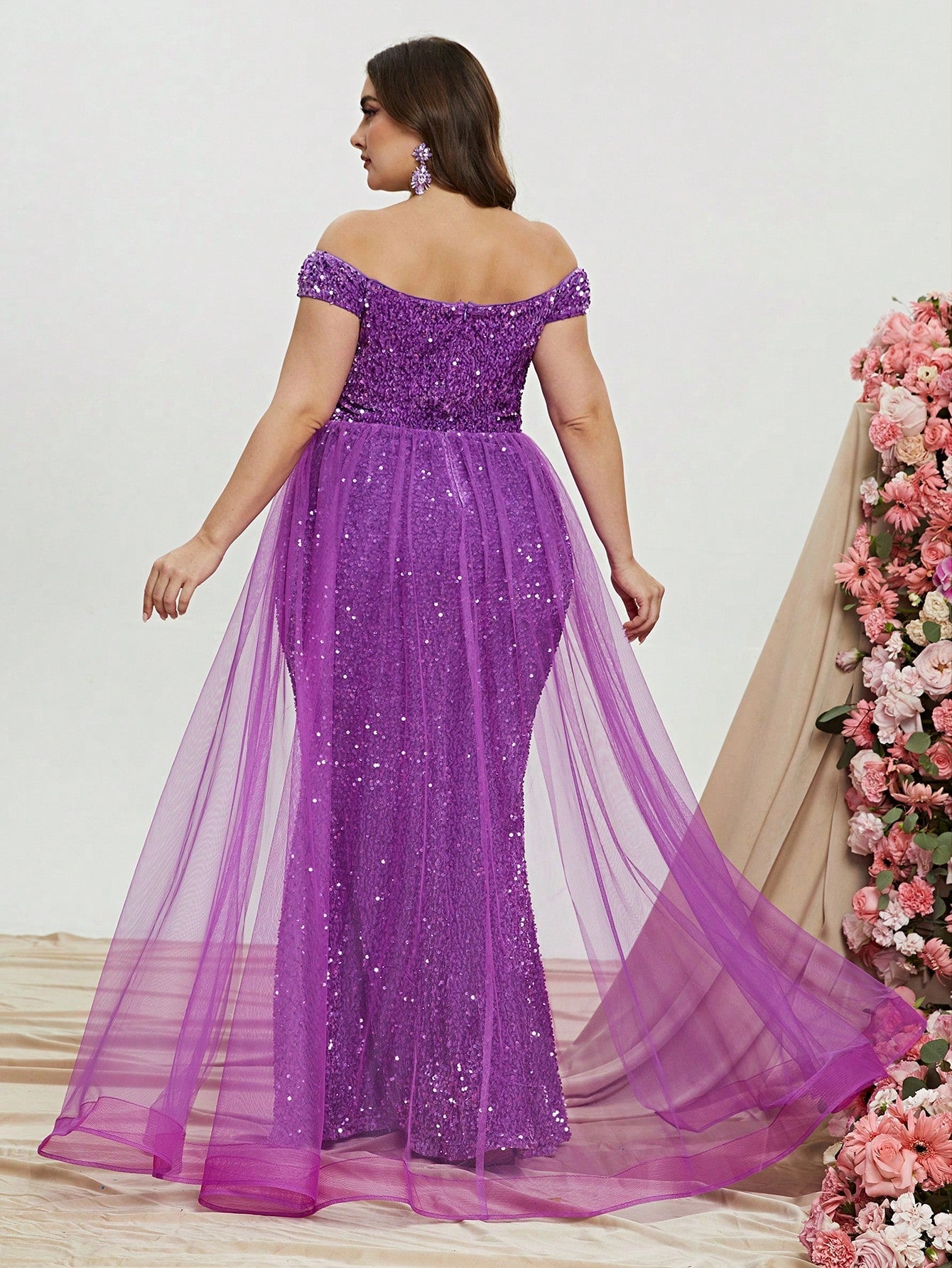 Plus Size Off Shoulder Mesh Layer on Waist Sequin Dresses