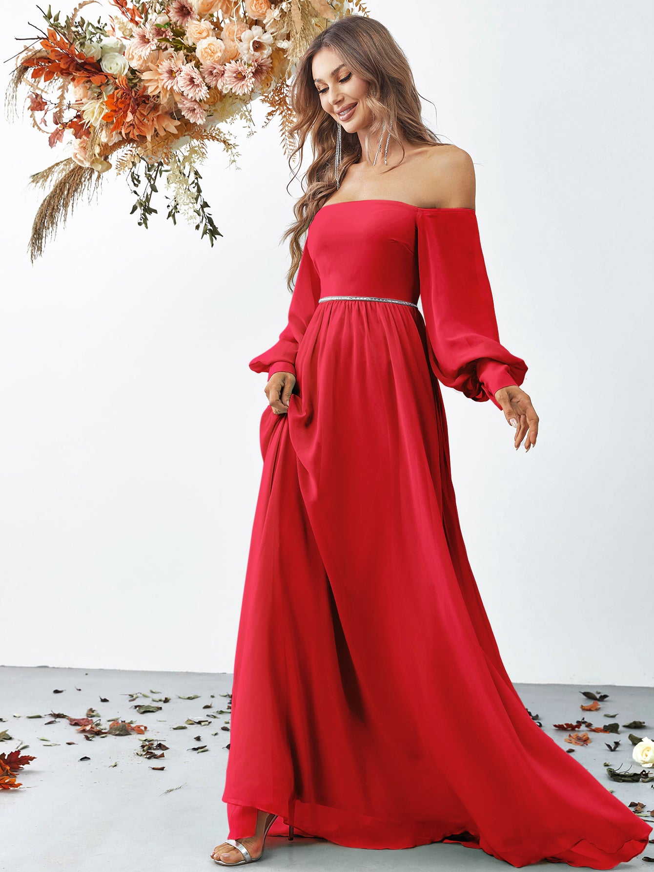 Off Shoulder Lantern Sleeve Rhinestone Waistband Chiffon Dress