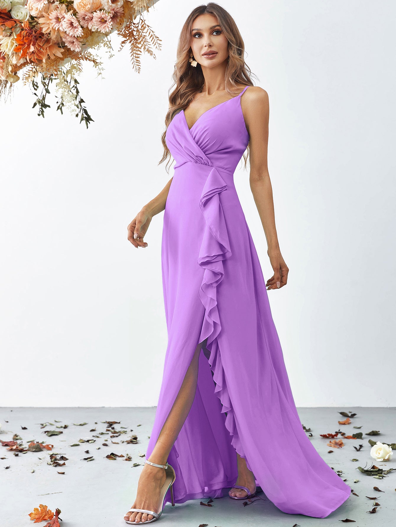 Elegant V Neck Sleeveless Ruffle Slit Chiffon A Line Dresses