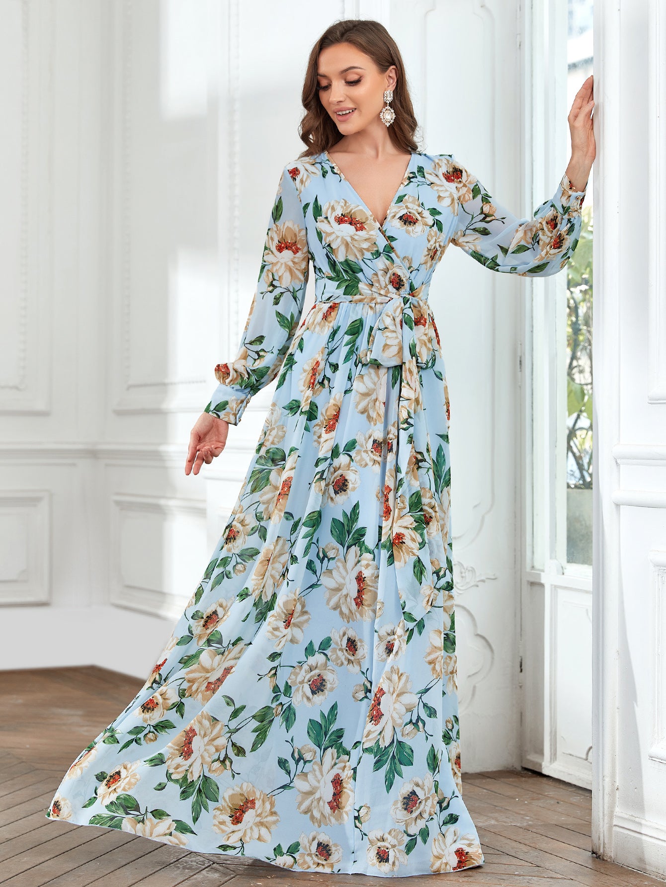 Elegant V Neck Long Sleeve Chiffon Floral Print Dress