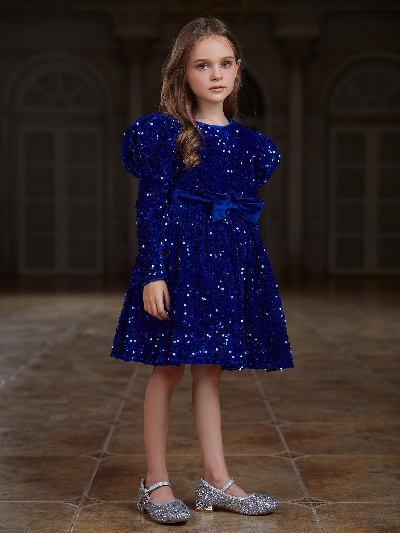 Girl's Gigot Sleeve Bow Decor Sequin Midi Dress