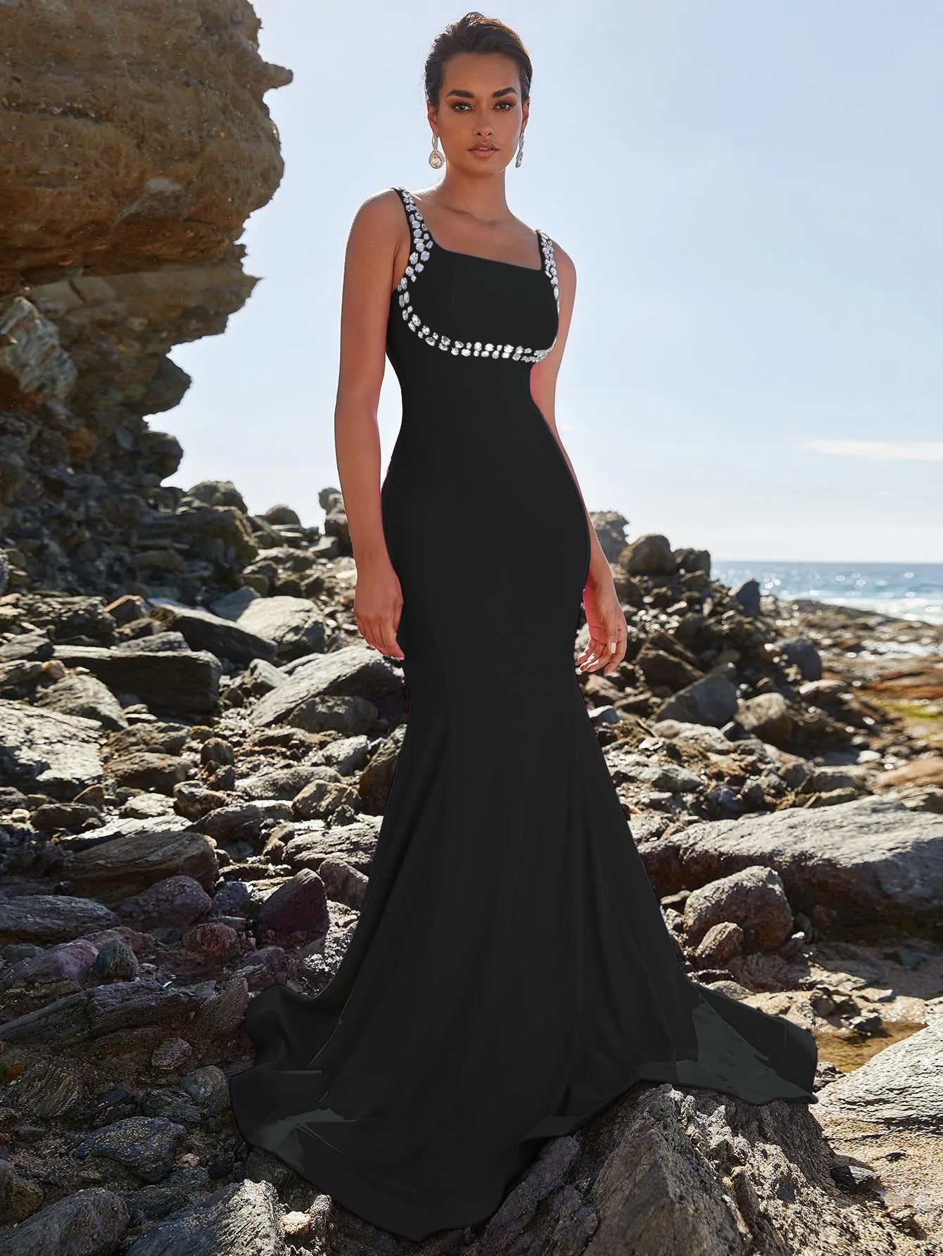 Black Square Neck Mermaid Hem Formal Gown