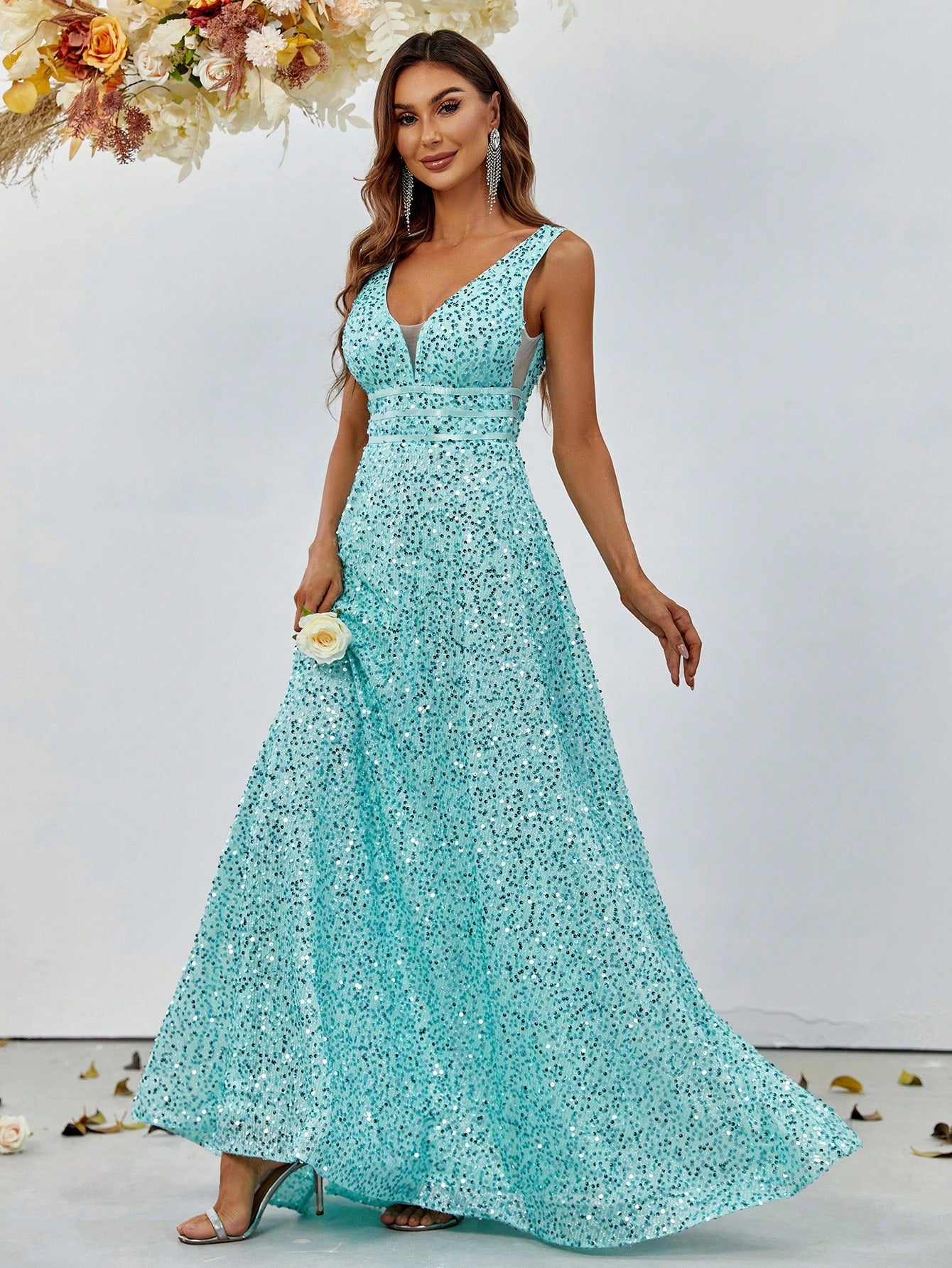 Elegant V Neck Sleeveless Sequin A-line Dresses