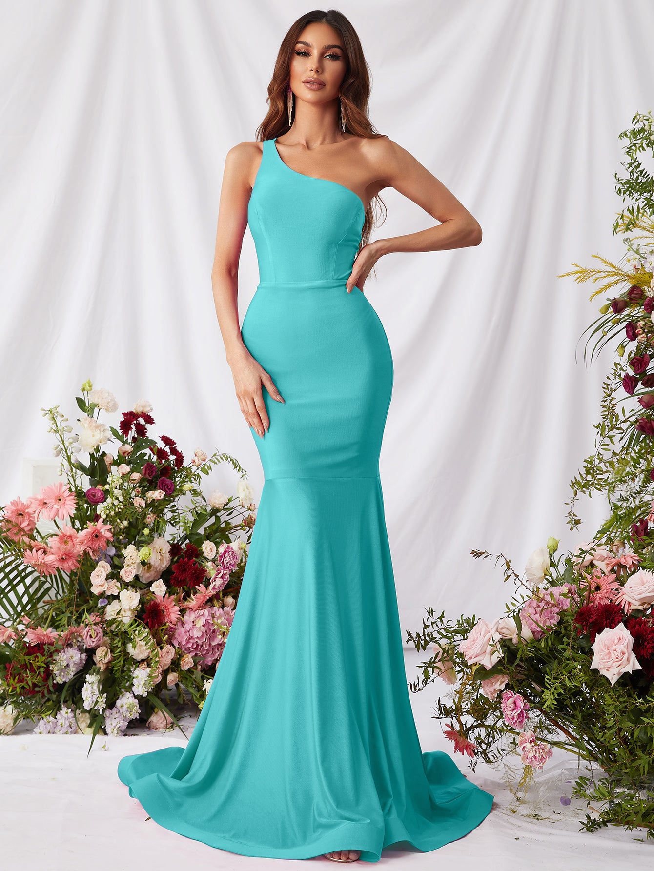 Mint One Shoulder Sleeveless Prom Mermaid Dresses