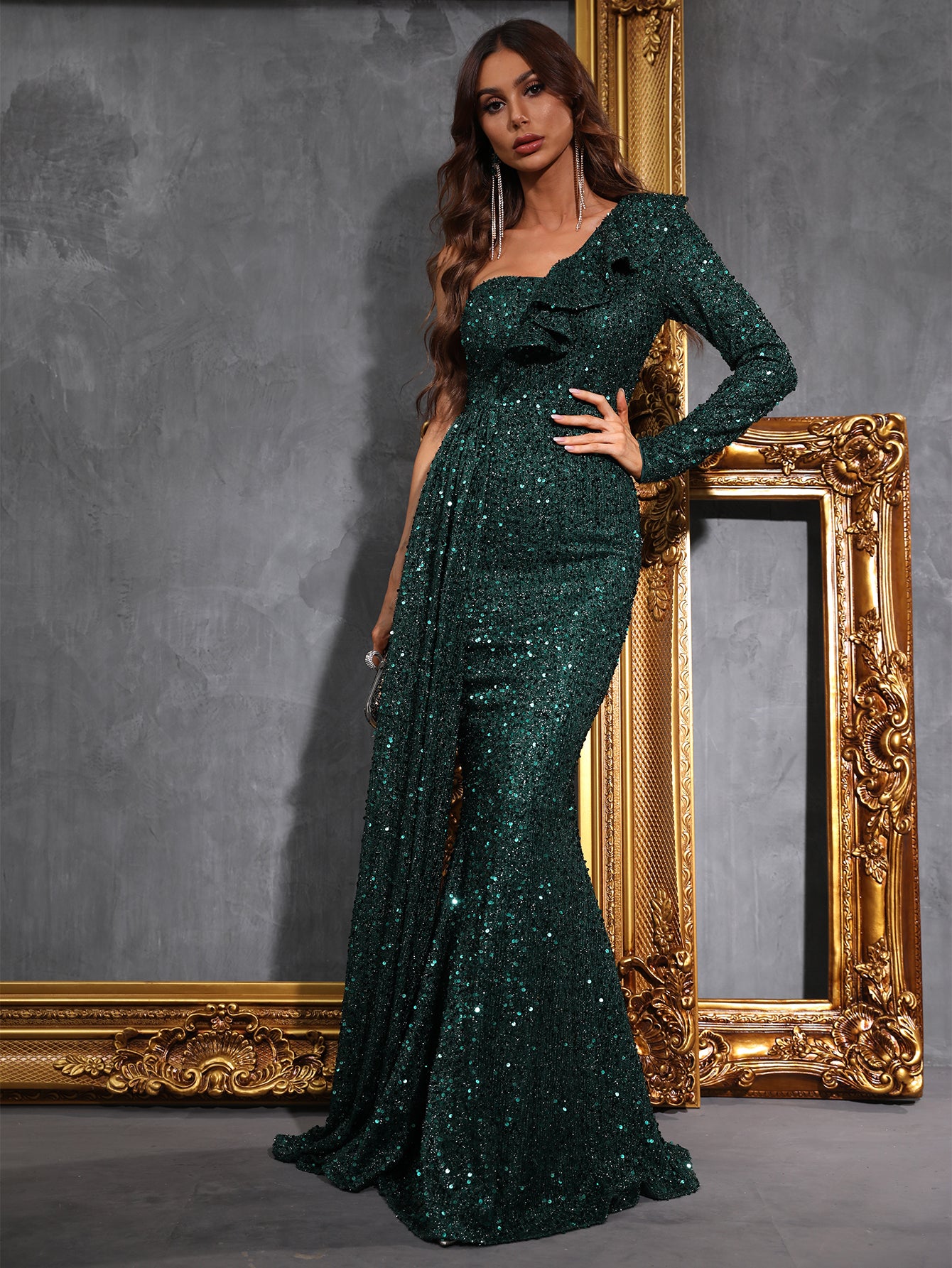 Draped Side One Shoulder Dark Green Sequin Mermaid Dresses