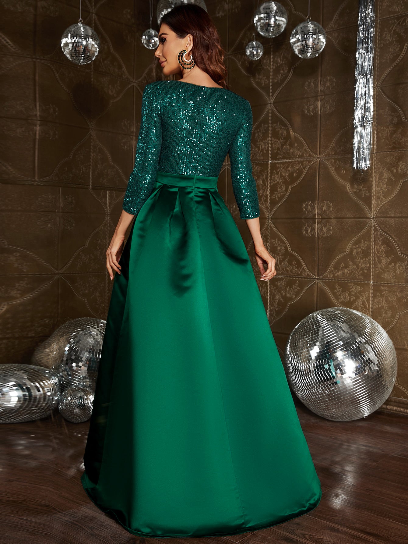 Elegant V Neck 3/4 Sleeve Slit A Line Prom Dress