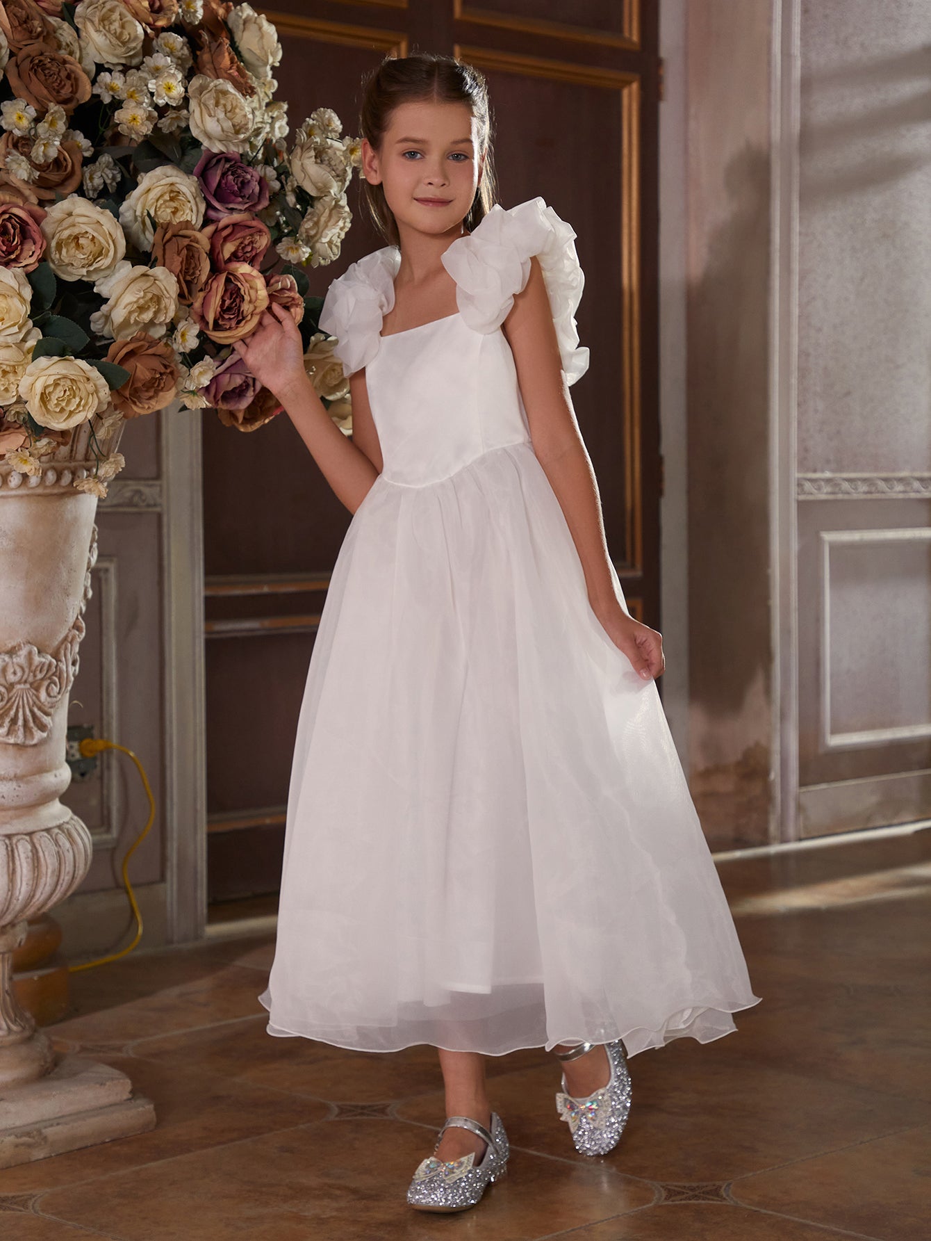 Girl's Sleeveless Organza Hem Ruffle Trim Cami Dress