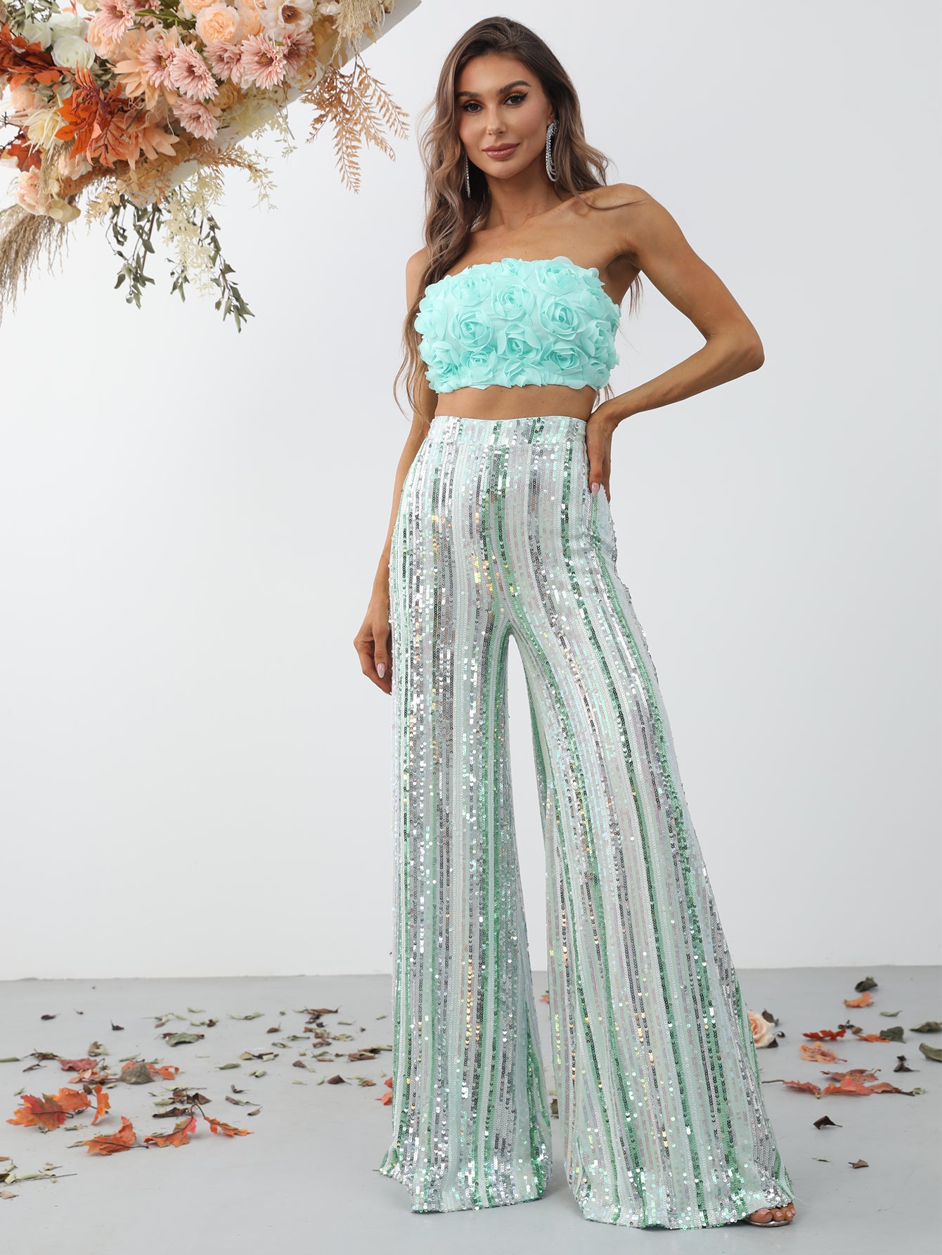 3D Flower Tube Top & Sequin Wide Leg Pants