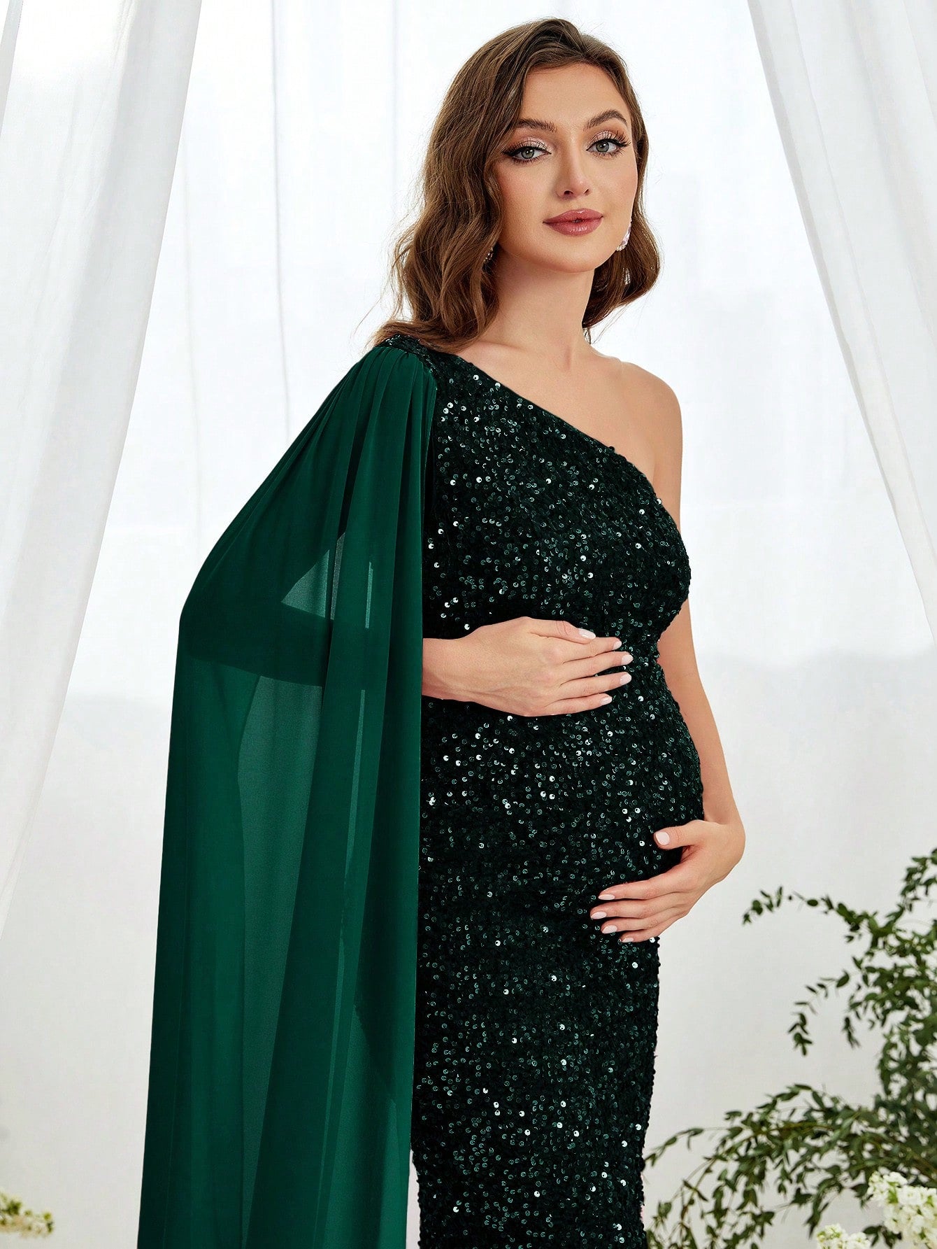 Maternity One Shoulder Draped Side Sequin Mermaid Dress