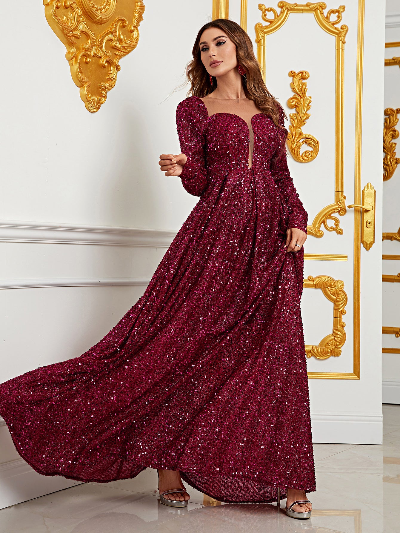 Sweetheart Neck Long Sleeve Sequin A Line Dresses