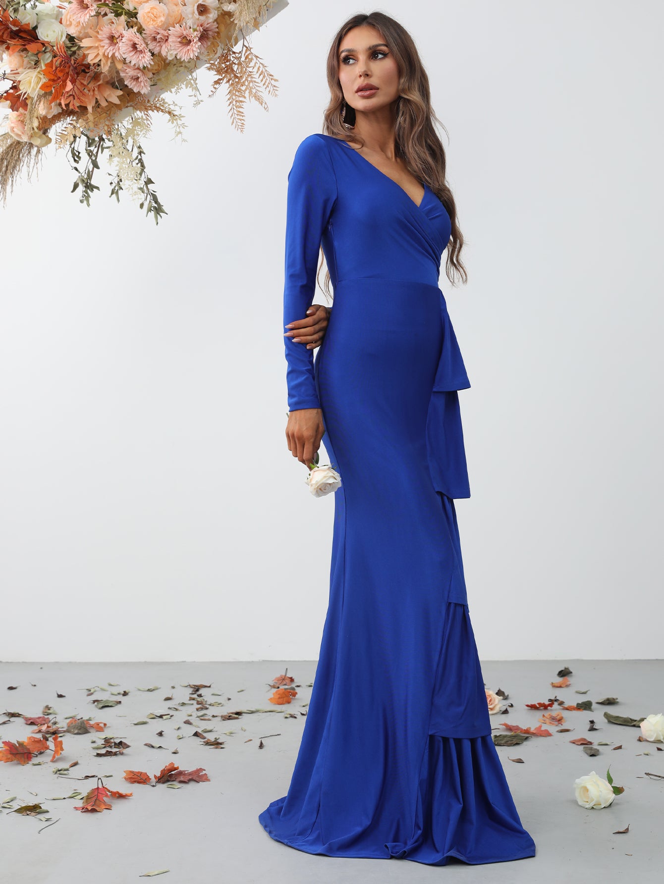 Elegant V Neck Long Sleeve Maxi Dresses with Tiered Hem