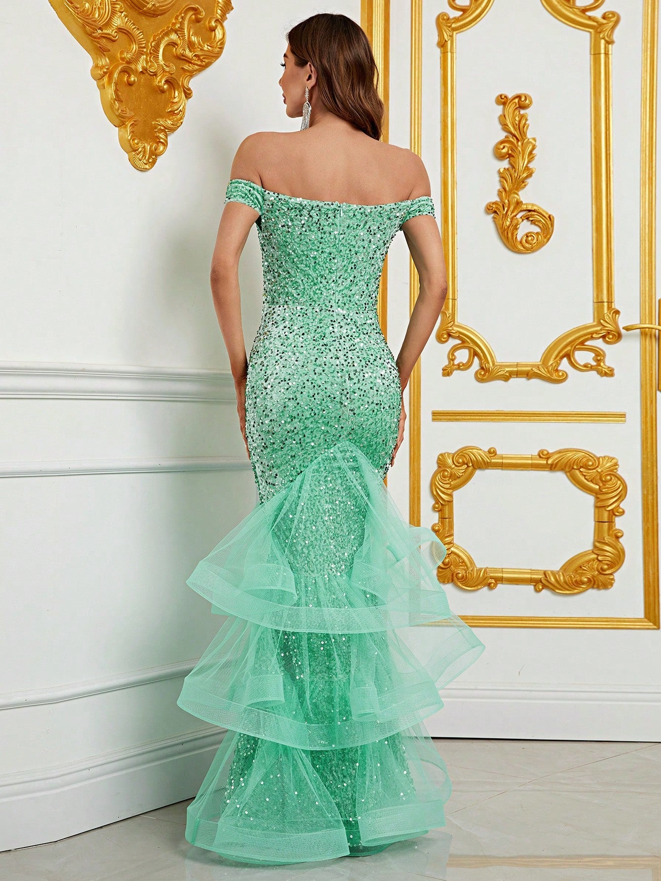 Off Shoulder Sweetheart Neckline Sequin Layered Mermaid Dress