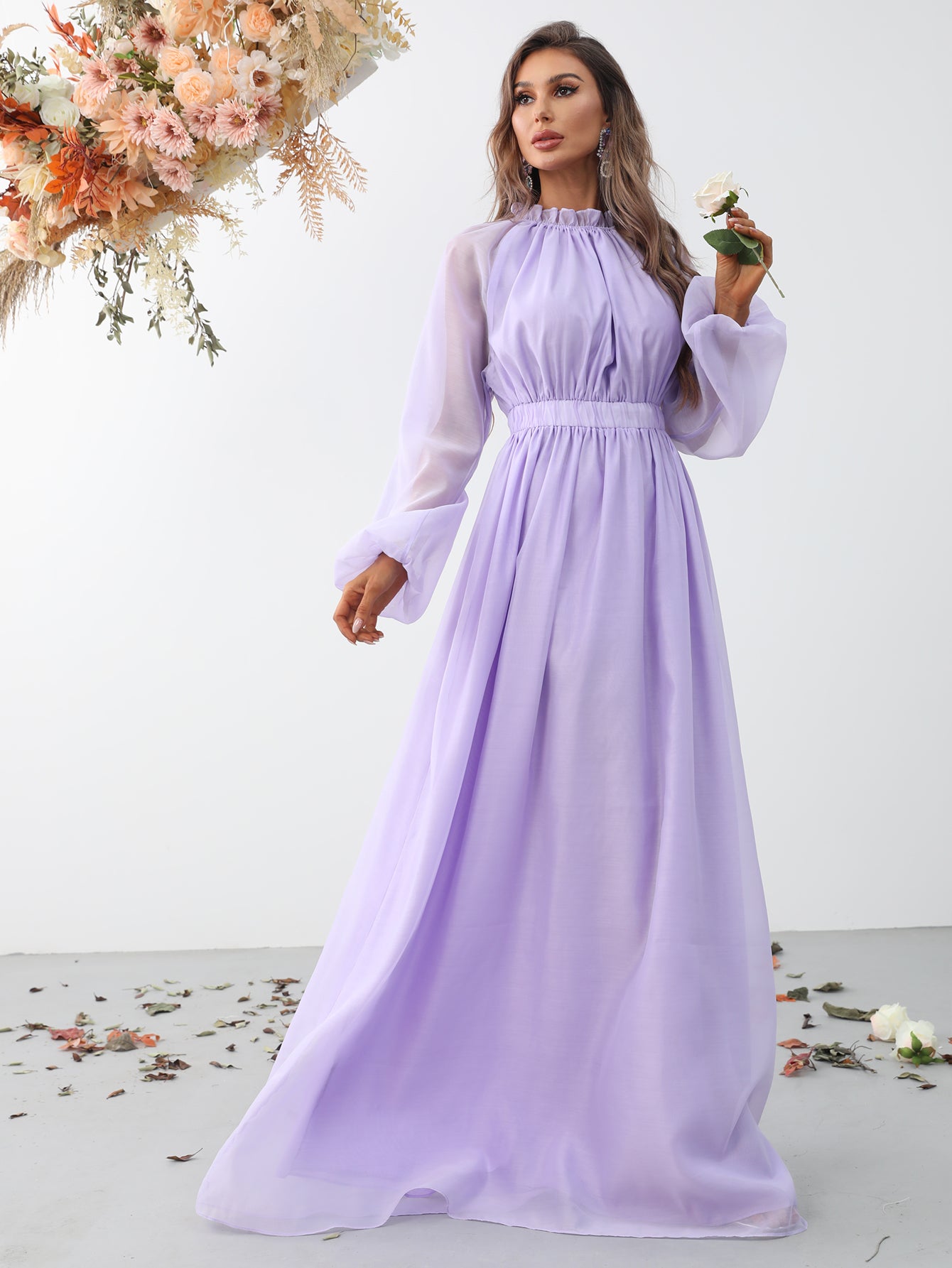 Elegant Stand Neck Long Sleeve Maxi A line Dresses