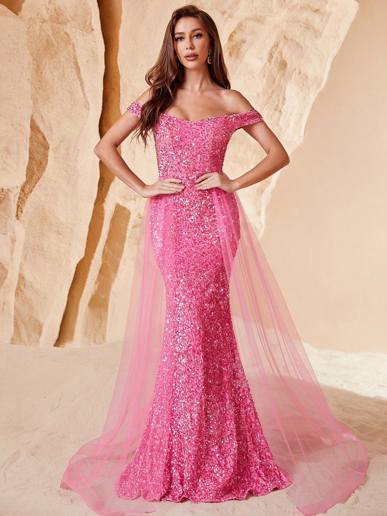 Off Shoulder Sequin Mermaid Dresses Pink Mesh Layer On Waist