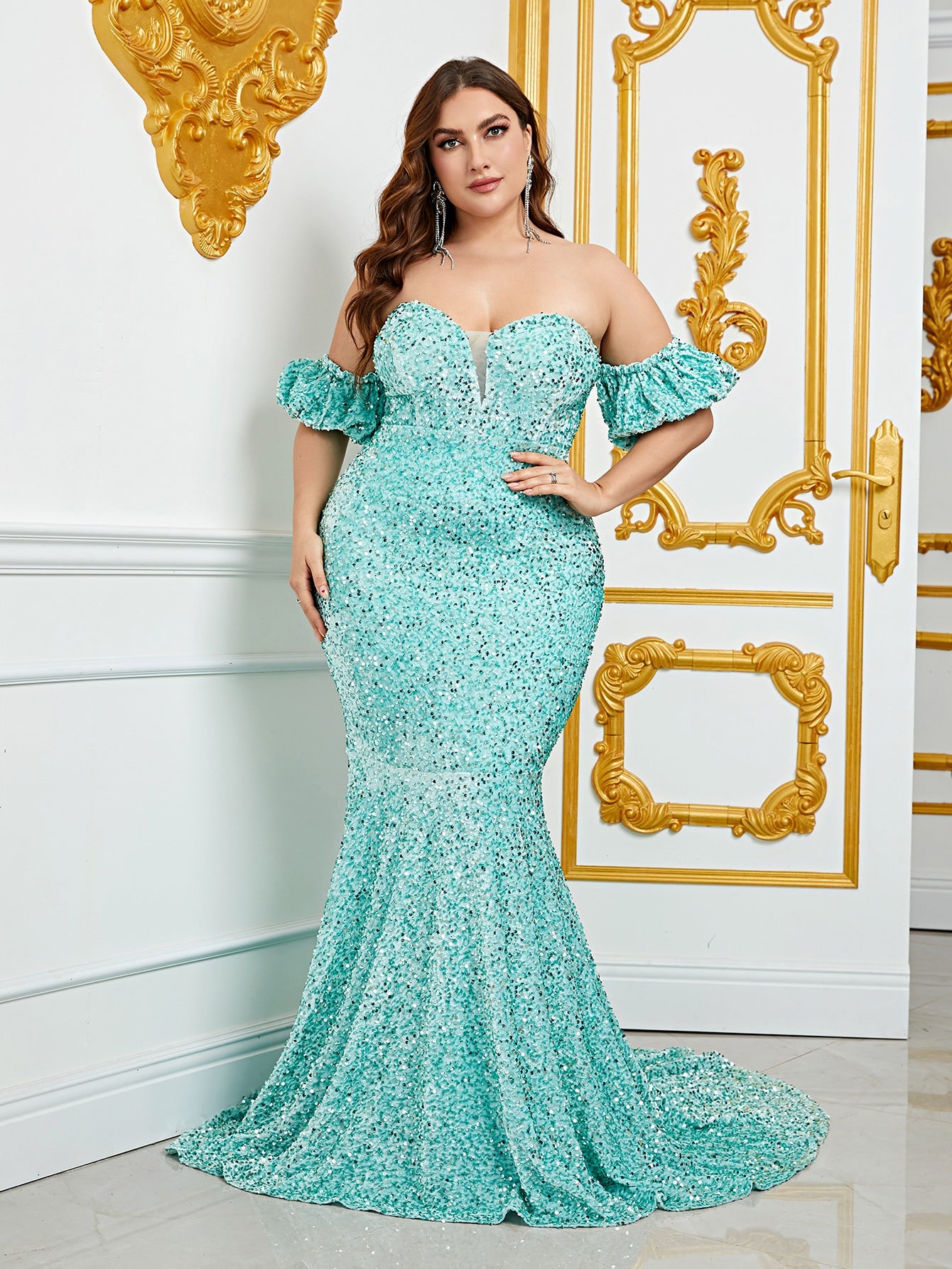 Plus Off Shoulder Puff Sleeve Mermaid Sequin Prom Dress