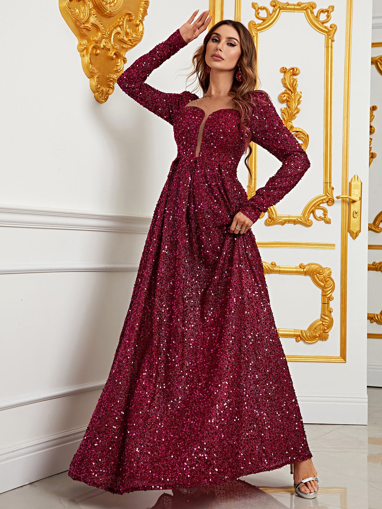 Sweetheart Neck Long Sleeve Sequin A Line Dresses