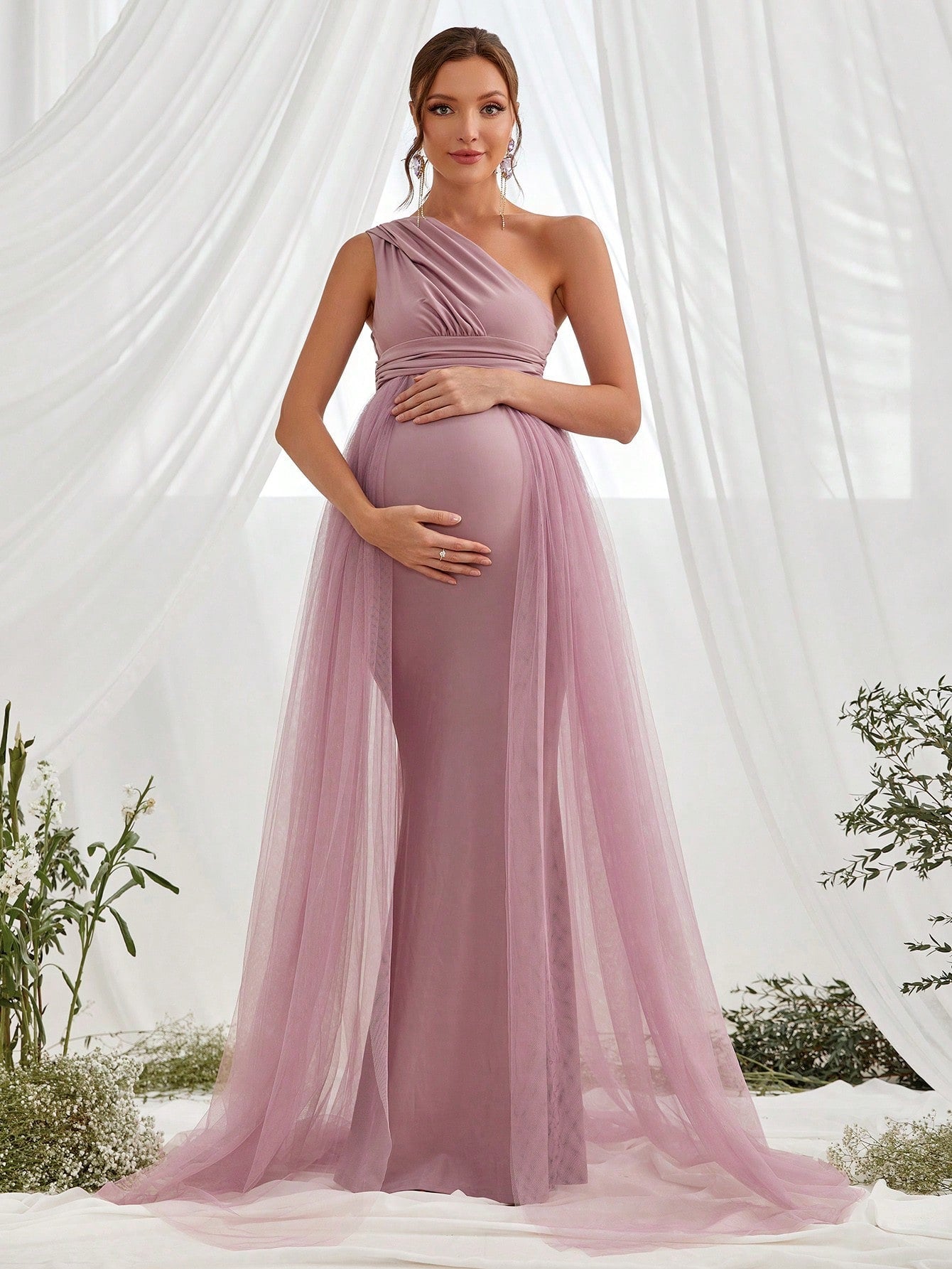 One Shoulder Sleeveless Contrast Mesh Maternity Dress