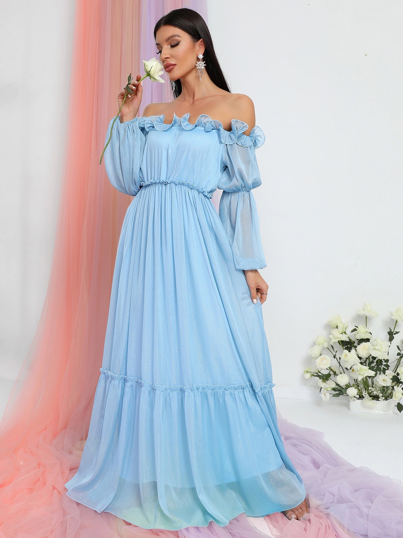 Off Shoulder Ruffle Trim Chiffon A Line Dress