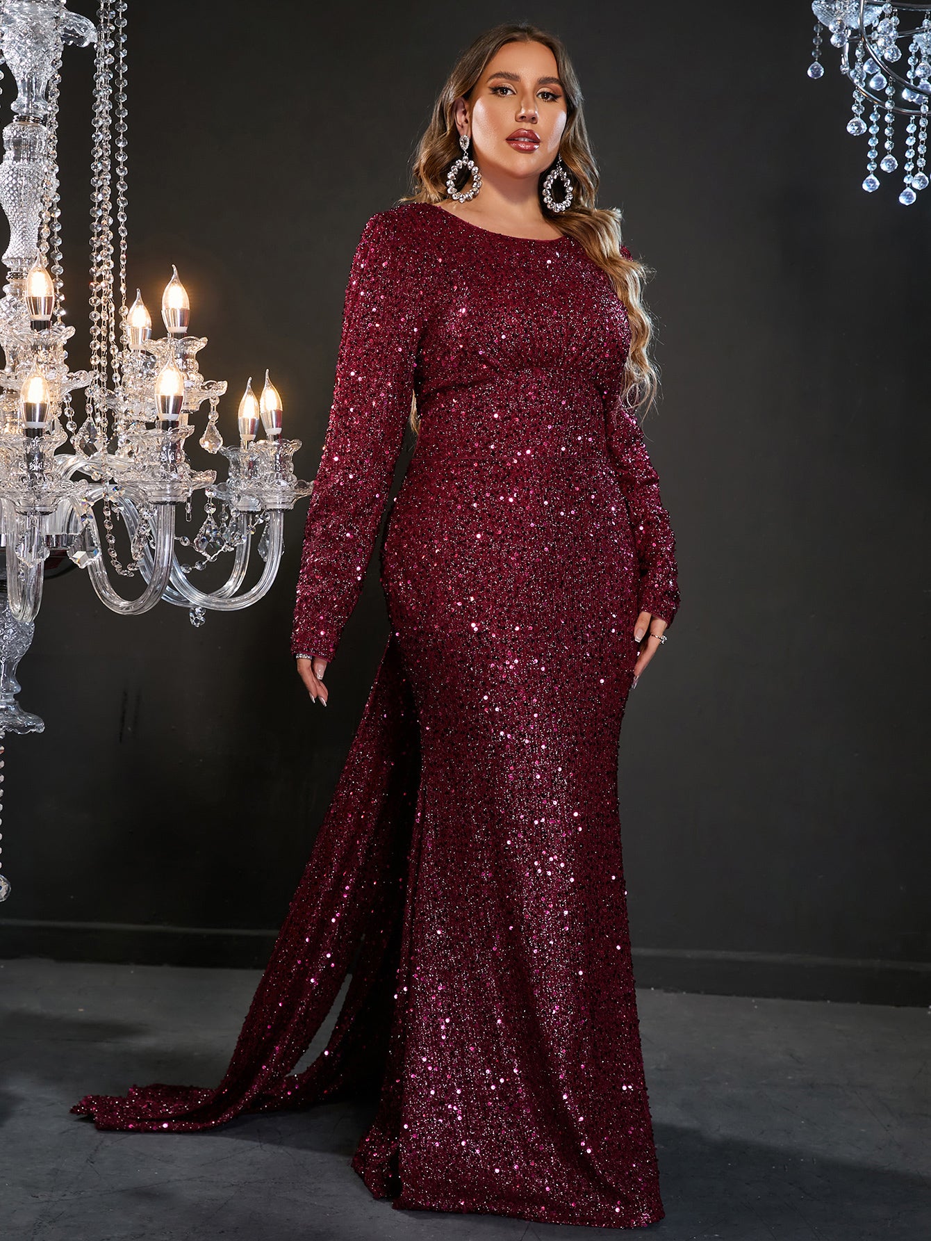 Plus Long Sleeve Backless Sequin Mermaid Formal Dresses