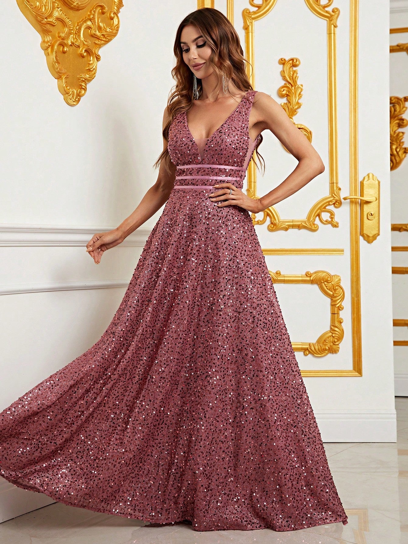 Elegant Deep V Neck Sequin A Line Prom Dresses