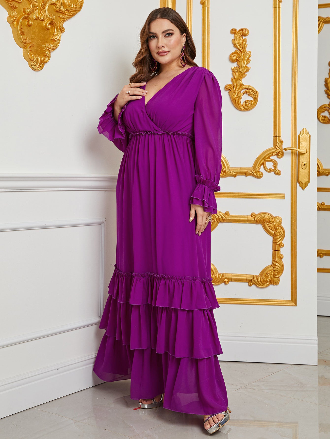 Plus Layered Ruffle Hem V Neck Lantern Sleeve Chiffon Dress