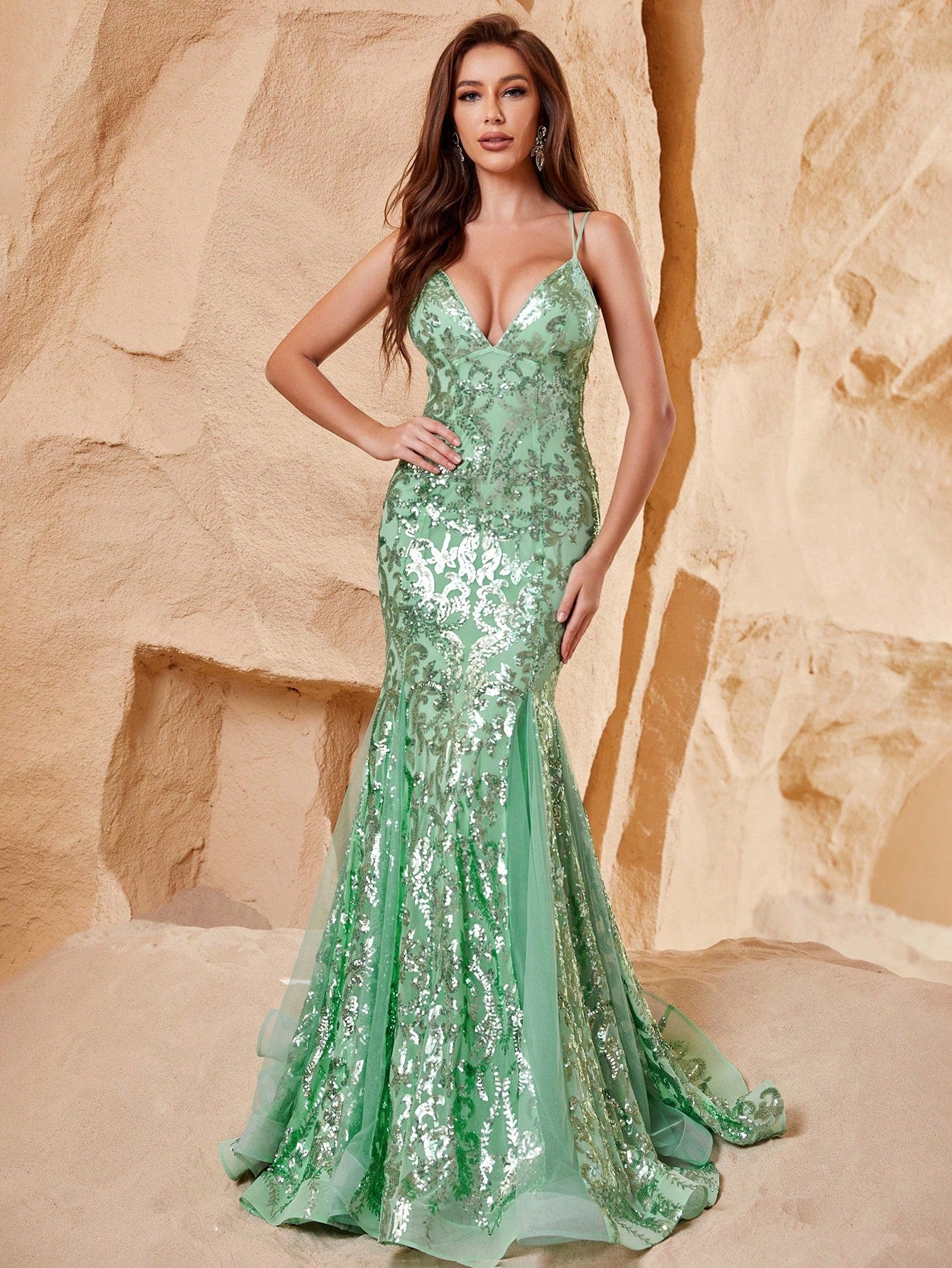 Back Lace Up Sequin Dresses With Organza Mermaid Hem