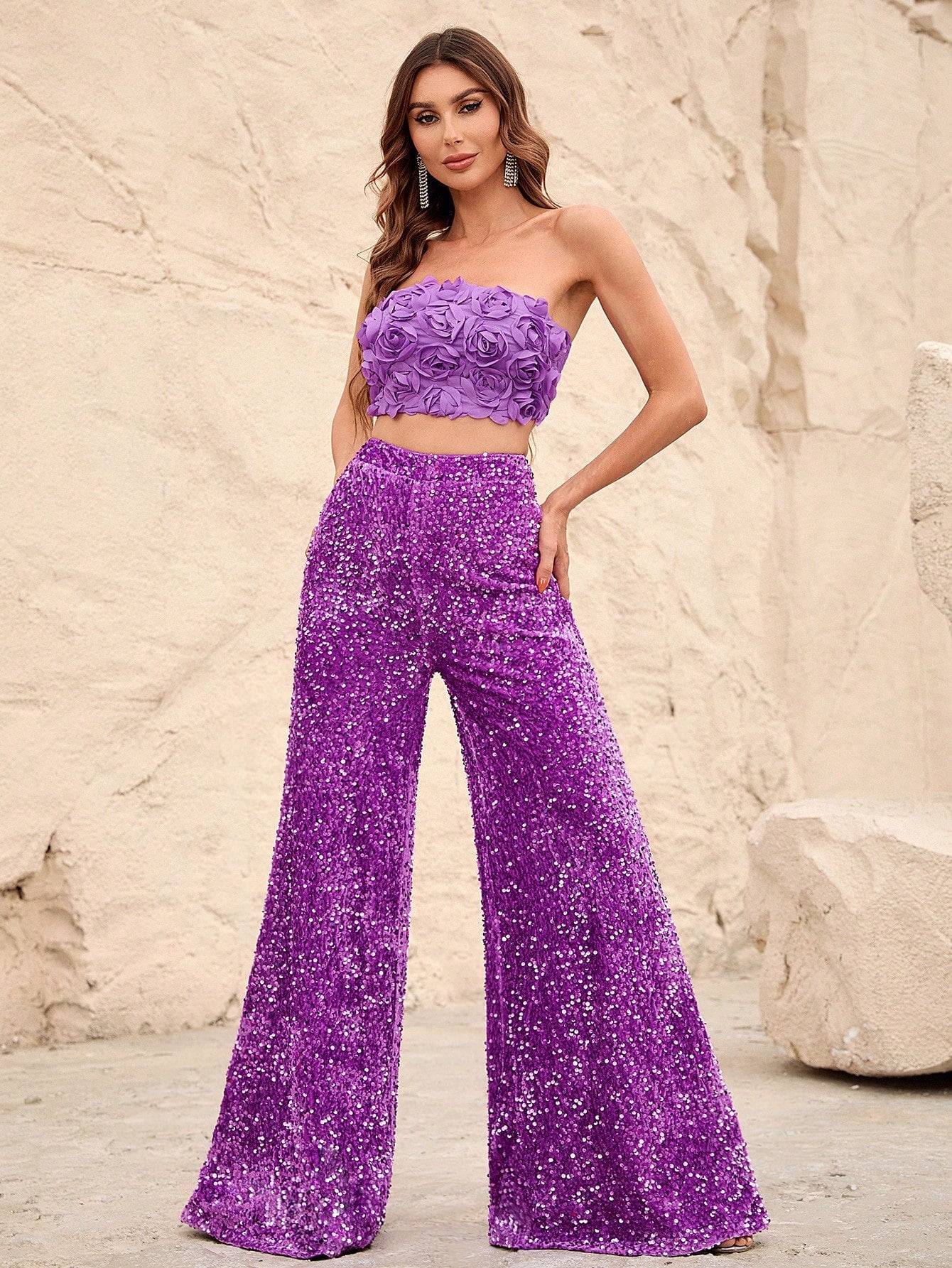 Fancy Purple Two Piece Sequin Set Top With 3D Flower