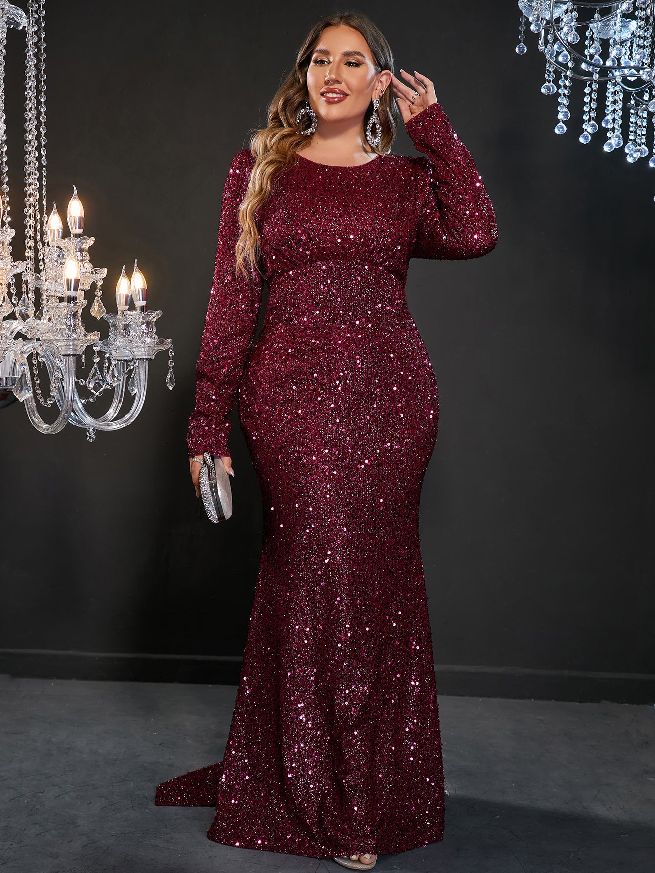 Plus Long Sleeve Backless Sequin Mermaid Formal Dresses