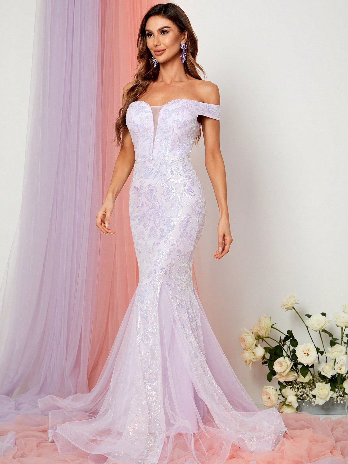 Off Shoulder Sweetheart Mesh Insert Mermaid Dress