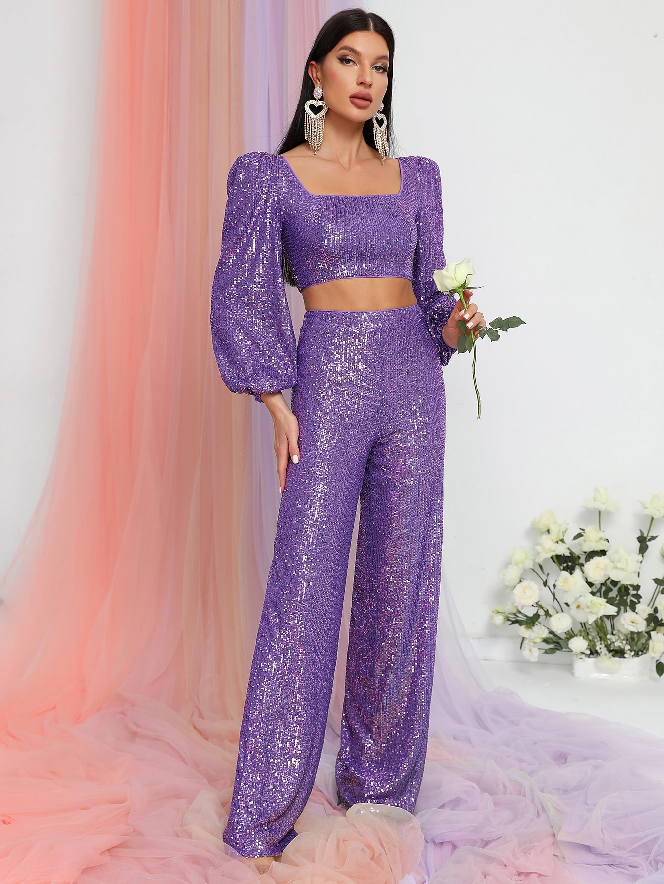 Elegant Long Sleeve Two Piece Sequin Set